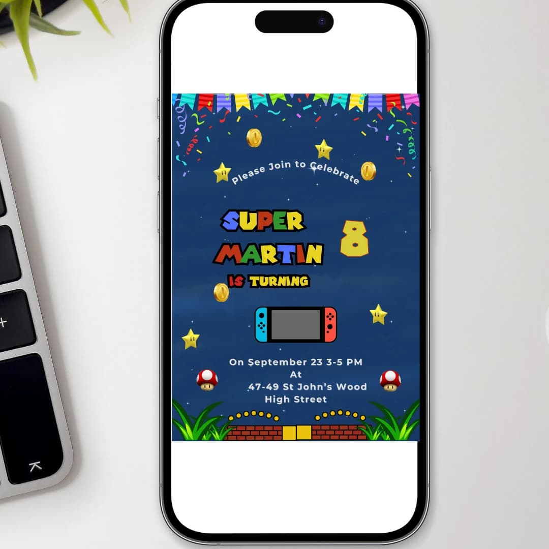 Digital Birthday Card | Birthday Invite | Super Brothers Blue Invite | Birthday Kid Invite | Editable Template | Marios Game Card - image 3
