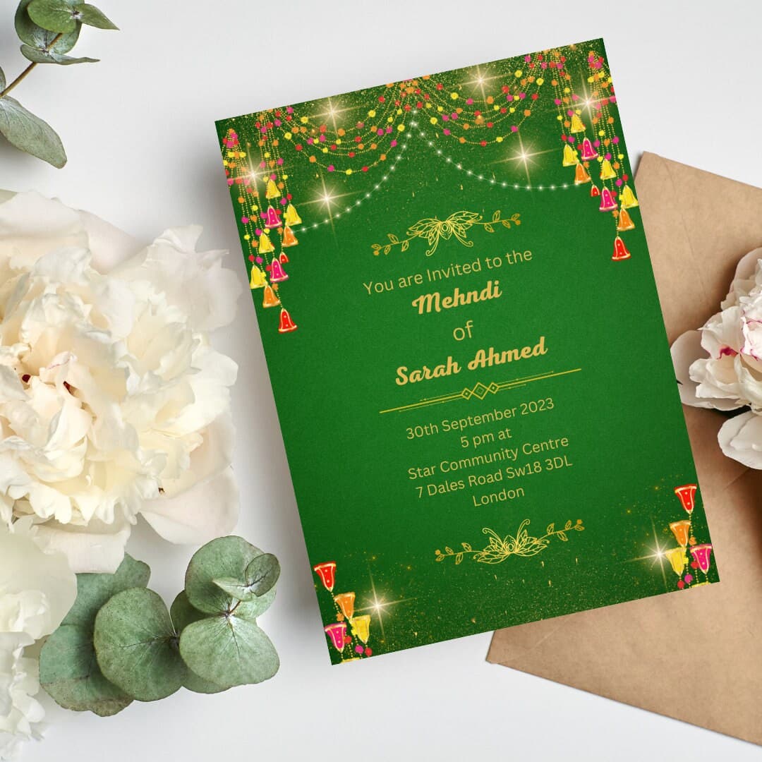 Printable invites Digital Mehndi invitations&Dholki Invites, Mendhi Night, Wedding invitations Template Online Canva Print Green Gold