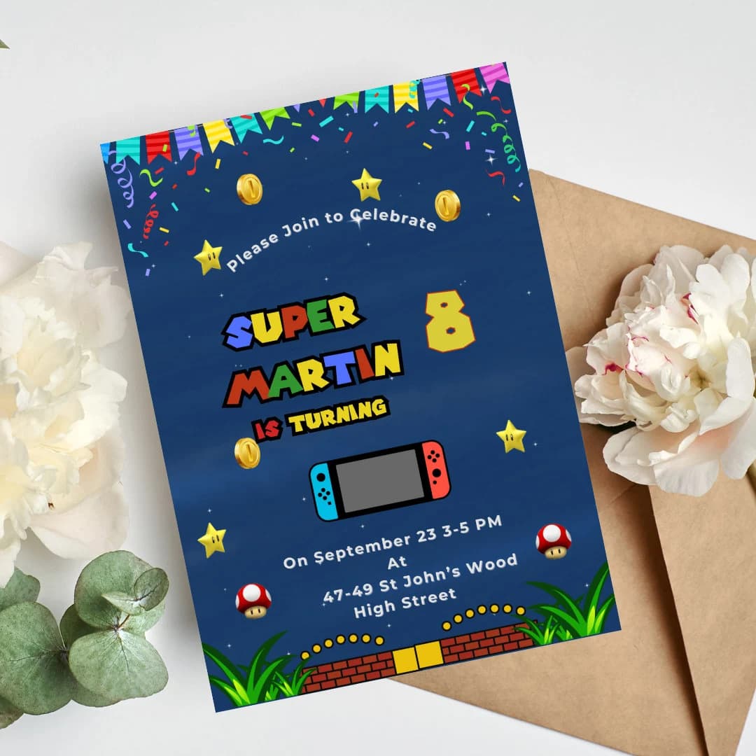 Digital Birthday Card | Birthday Invite | Super Brothers Blue Invite | Birthday Kid Invite | Editable Template | Marios Game Card