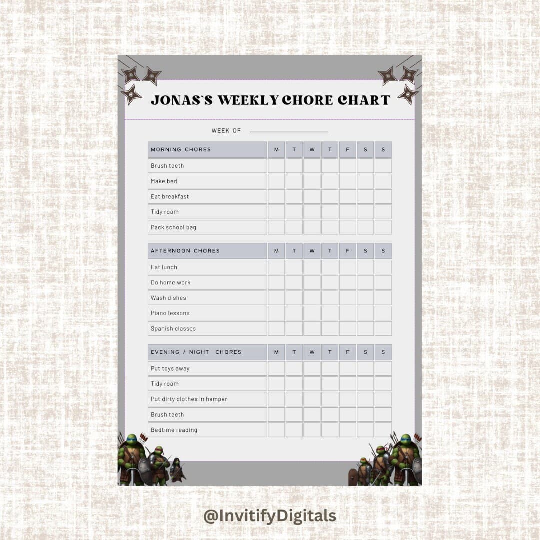 Children Turtle Themed Warrior Game Fun Daily Routine Checklist, Responsibility Chart, To Do List, Editable Planner, Routine Chart Ninja