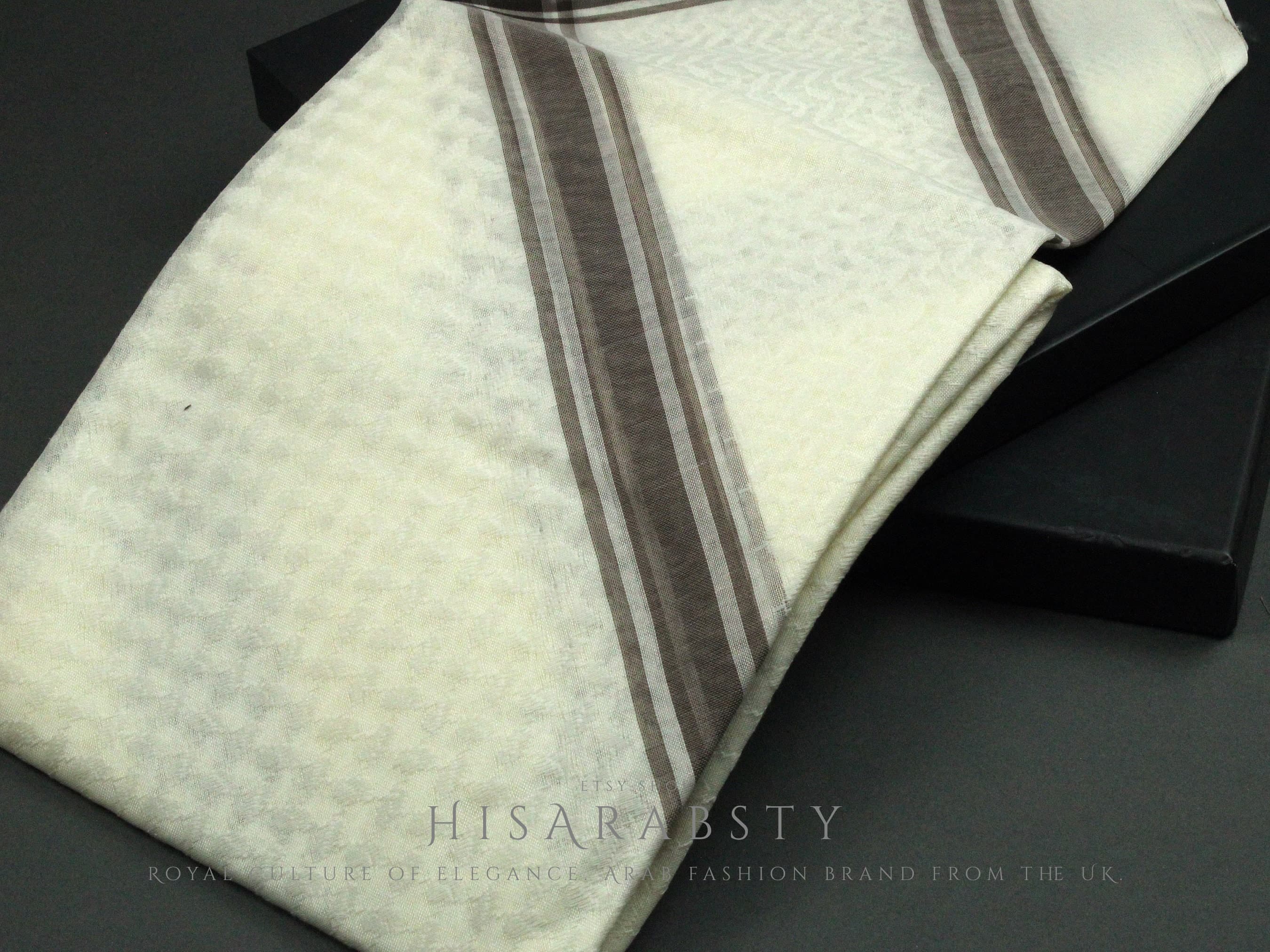 Rare Premium Cream Shemagh With Brown Line Keffiyeh Original Arab Scarf Saudi Arabian Imamah Islamic Arabic Attire Ghutra Outfit Soft AR24 - image 3