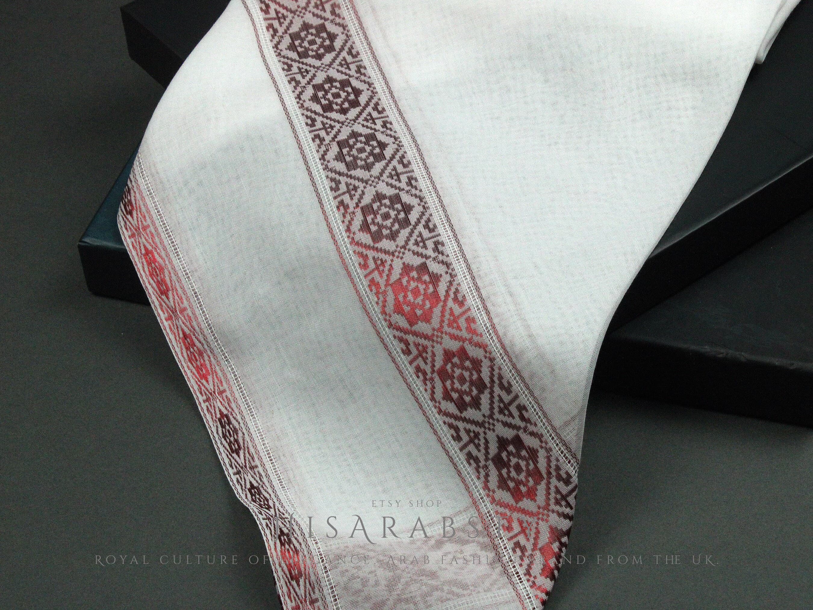Authentic White and Red Embroidered Premium Emirati Qatari Ghutra Scarf Rare Shemagh Soft Keffiyeh Imamah Voile Yashmagh Fancy Headwear AR20 - image 3