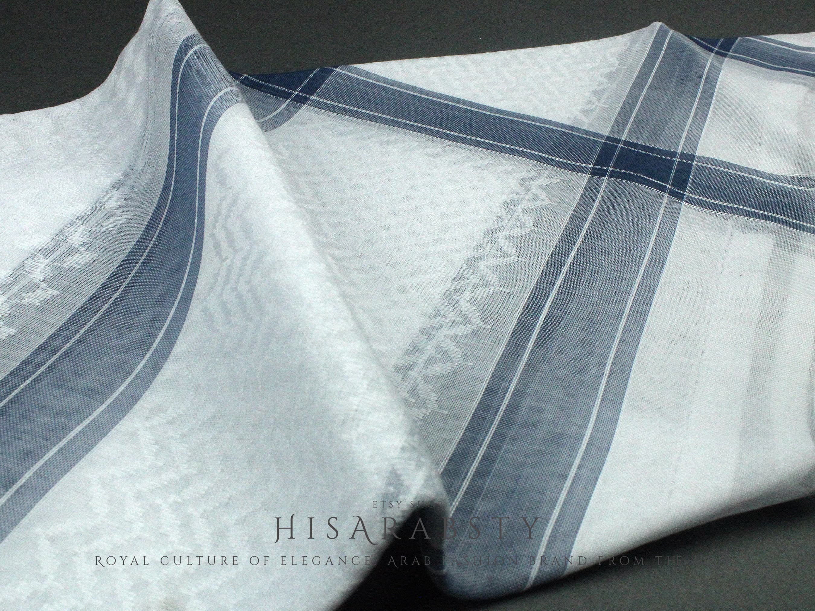 Rare Premium White Shemagh With Blue Line Keffiyeh Original Arab Scarf Saudi Arabian Imamah Islamic Arabic Attire Ghutra Outfit Cotton Soft - image 3