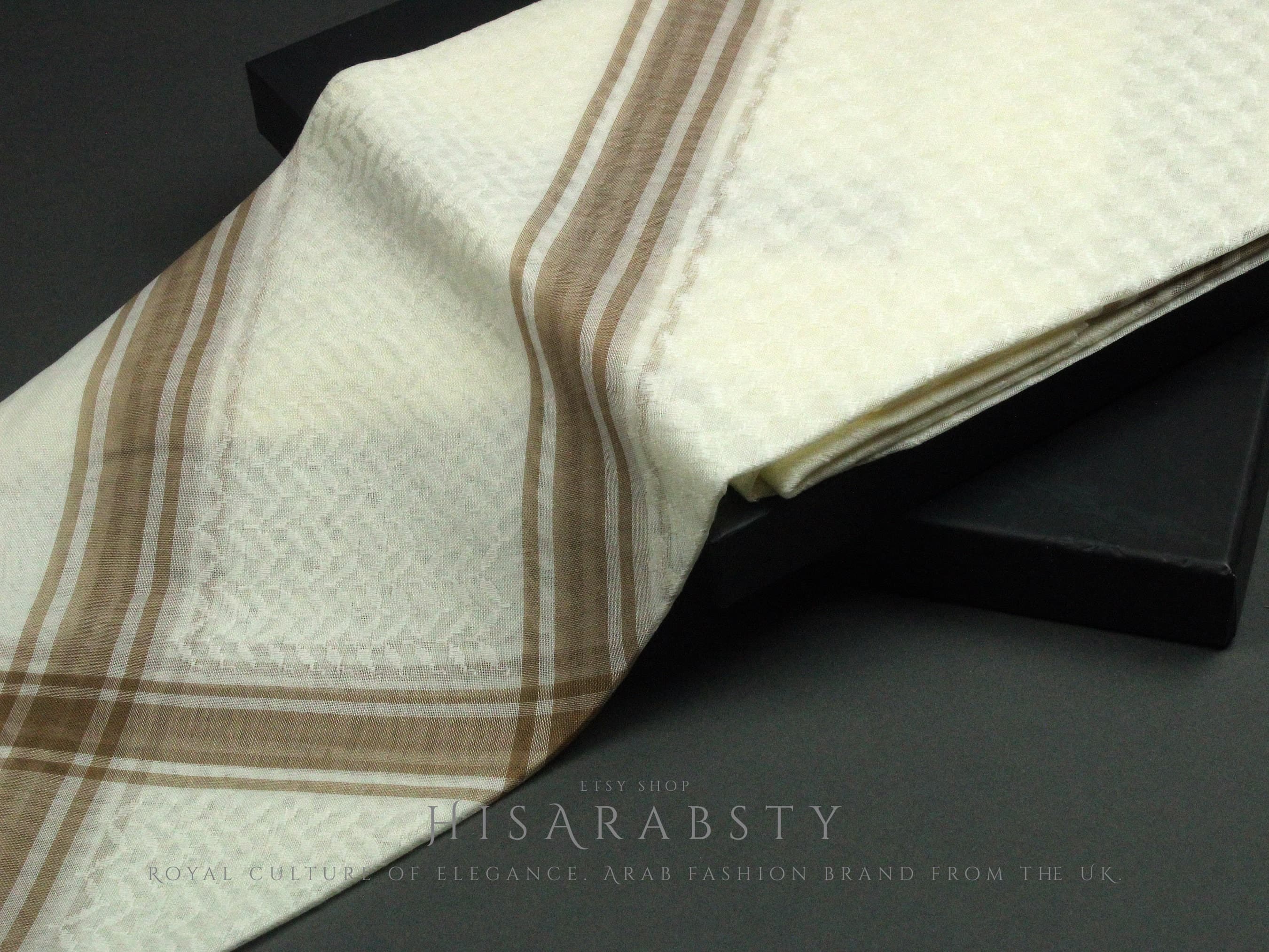 Rare Premium Cream Shemagh With Brown Line Keffiyeh Original Arab Scarf Saudi Arabian Imamah Islamic Arabic Attire Ghutra Outfit Soft AR27 - image 3