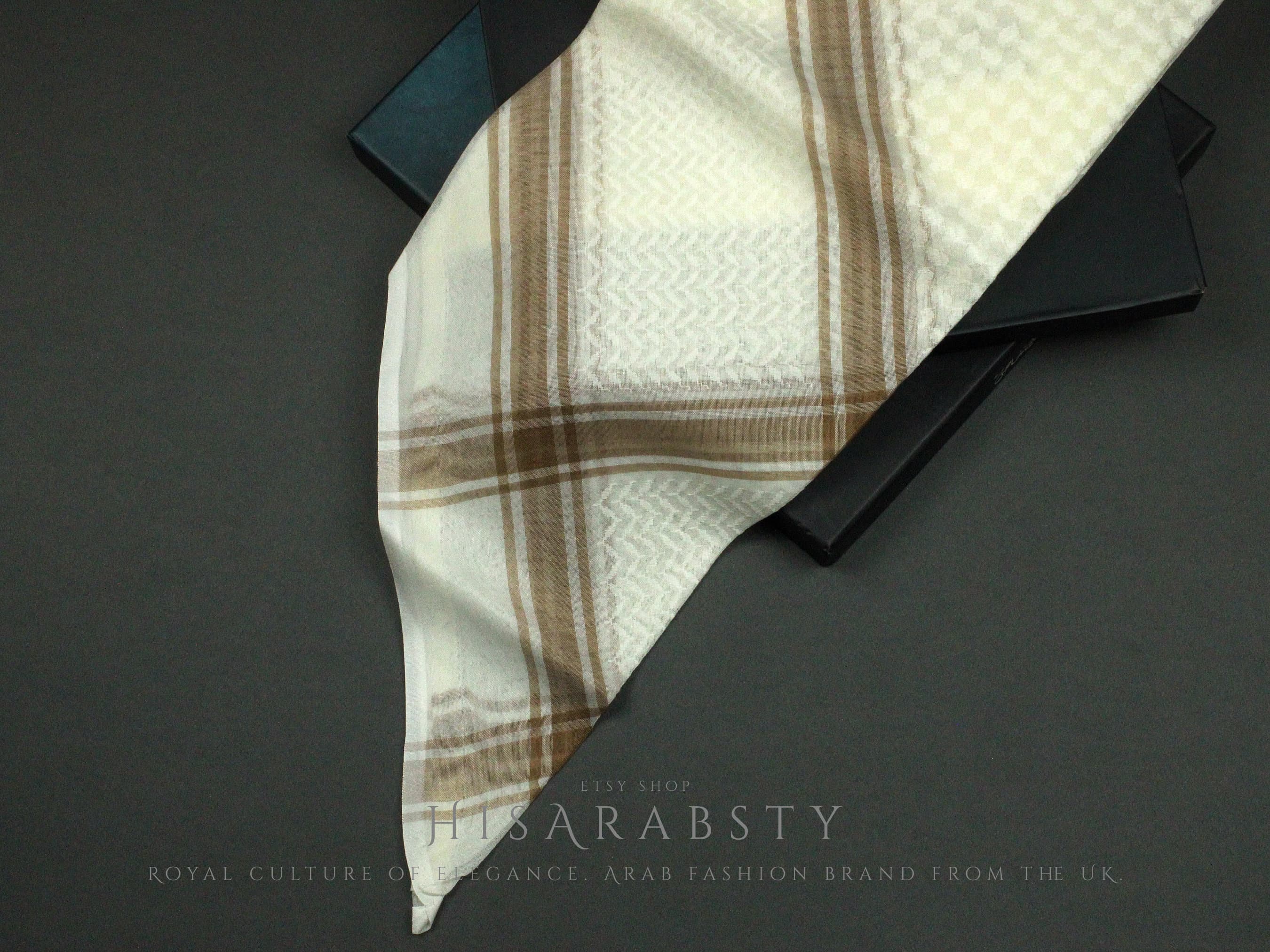Rare Premium Cream Shemagh With Brown Line Keffiyeh Original Arab Scarf Saudi Arabian Imamah Islamic Arabic Attire Ghutra Outfit Soft AR27