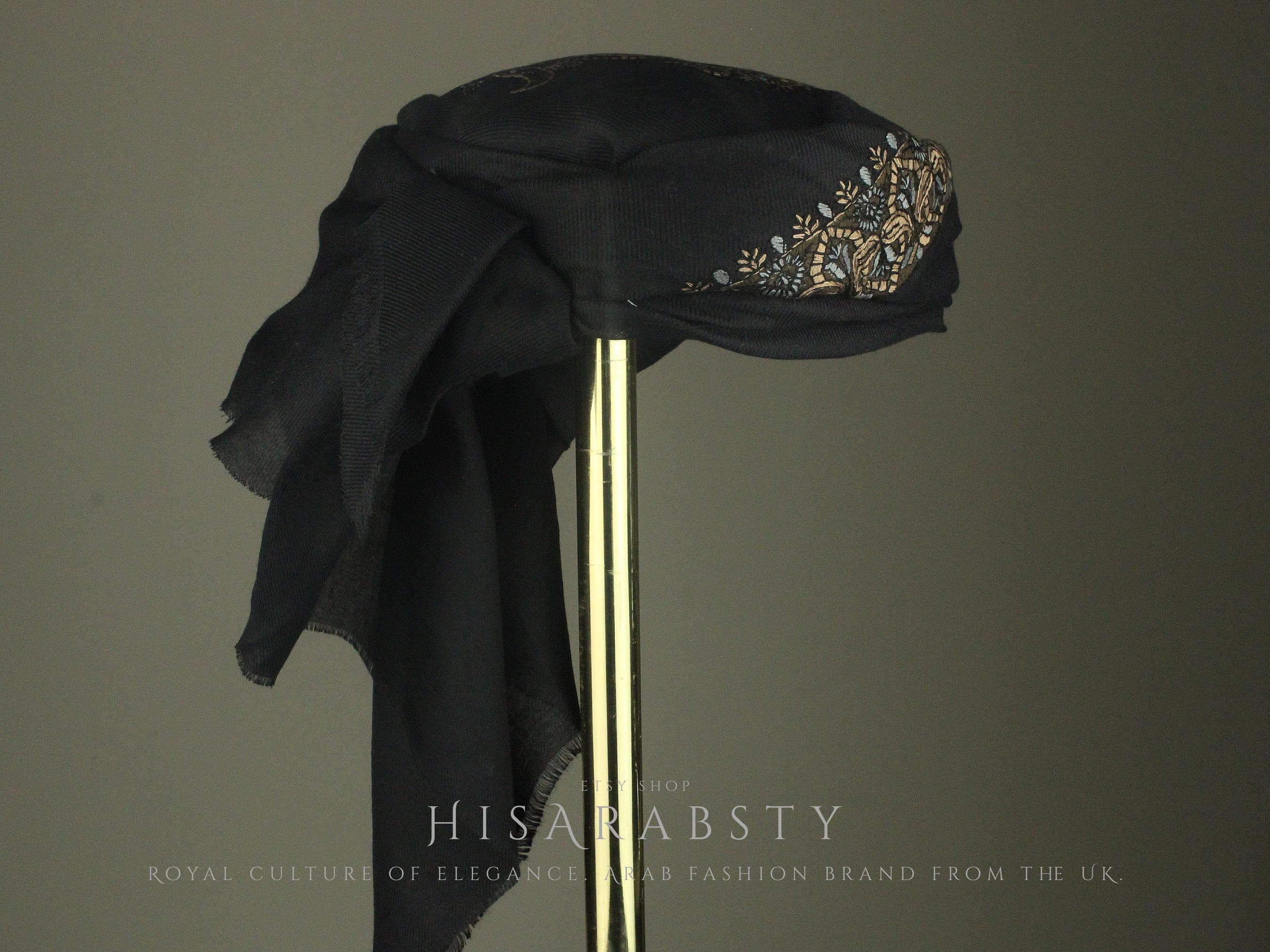Ready To Wear Black Traditional Yemeni Embroidered Imamah Shemagh Adjustable Perfect For Men & Children Unique Scarf Easy To Wear AB6