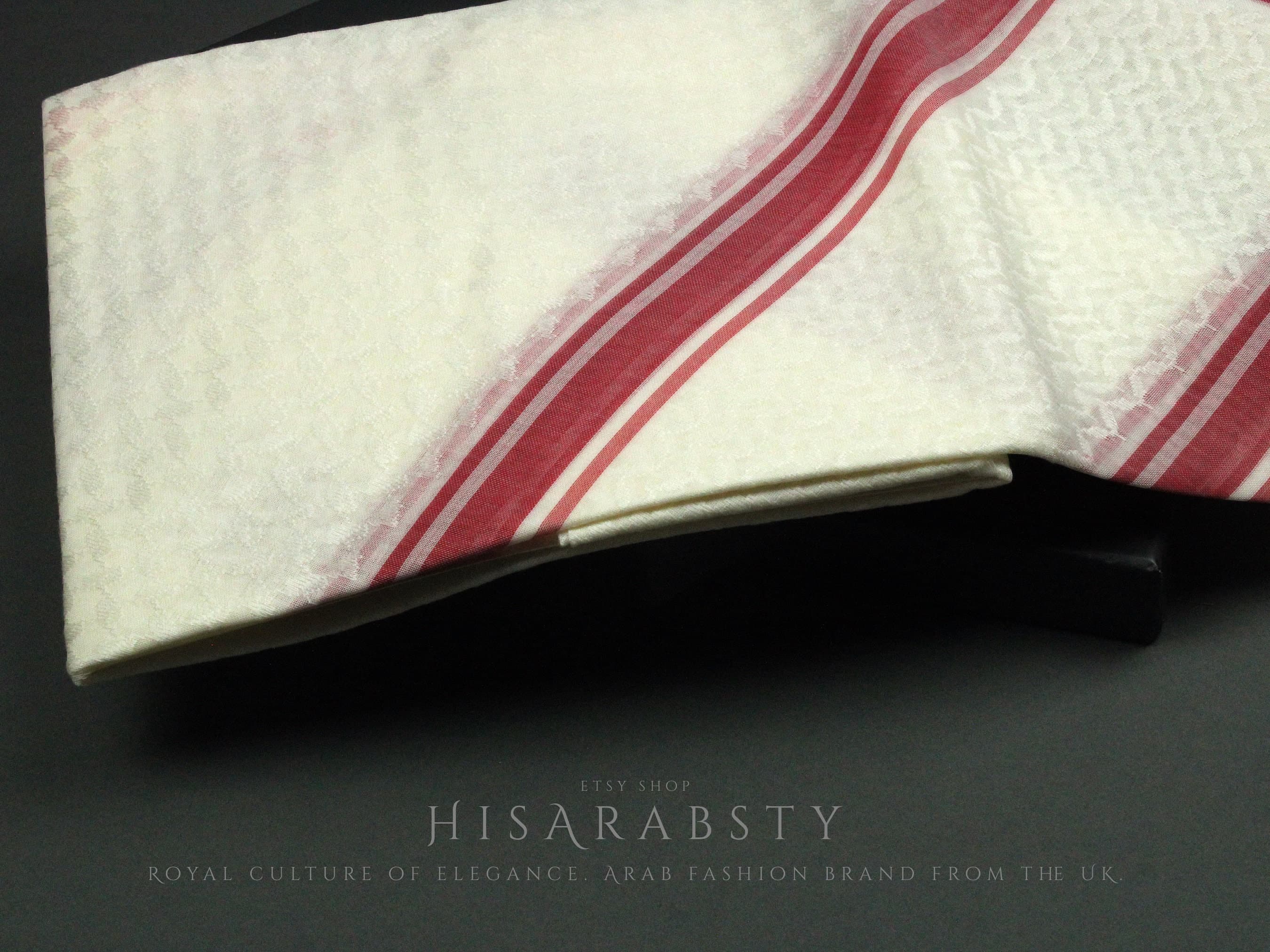 Rare Premium Cream Shemagh With Red Line Keffiyeh Original Arab Scarf Saudi Arabian Imamah Islamic Arabic Attire Ghutra Outfit Soft AR26 - image 5