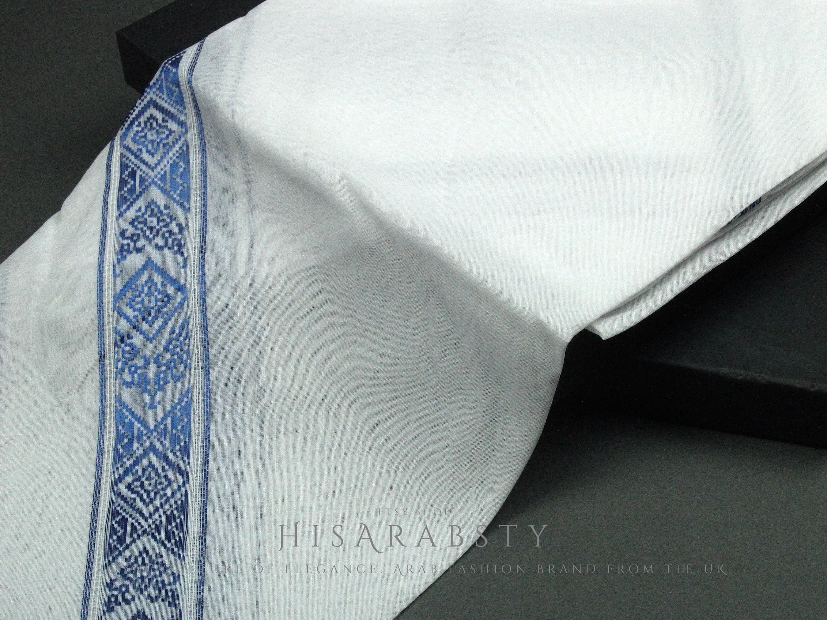 Authentic White and Blue Embroidered Premium Emirati Qatari Ghutra Scarf Rare Shemagh Soft Keffiyeh Imamah Voile Yashmagh Fancy AR35
