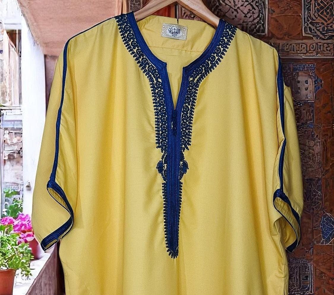 Yellow and Blue Moroccan Comfortable Kandora Djellaba Thobe Soft Elegant Perfect for Everyday Wear MR02