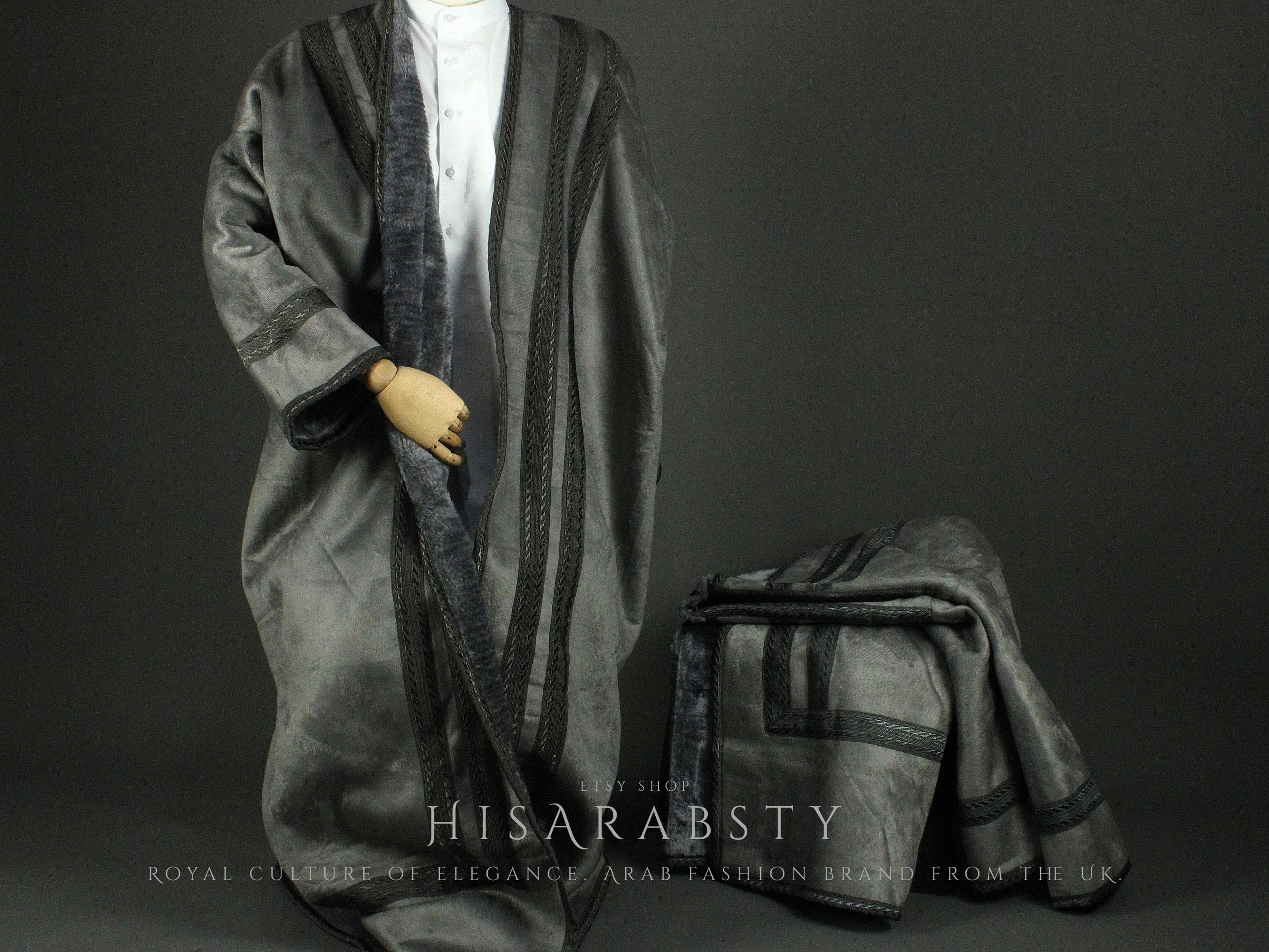 Unique Silver Colour Farwa Bisht Arabian Coat Fur Lined Warm Winter Coat Arabic Abaya Quality Arab Nomad Attire Perfect For Winter - image 3