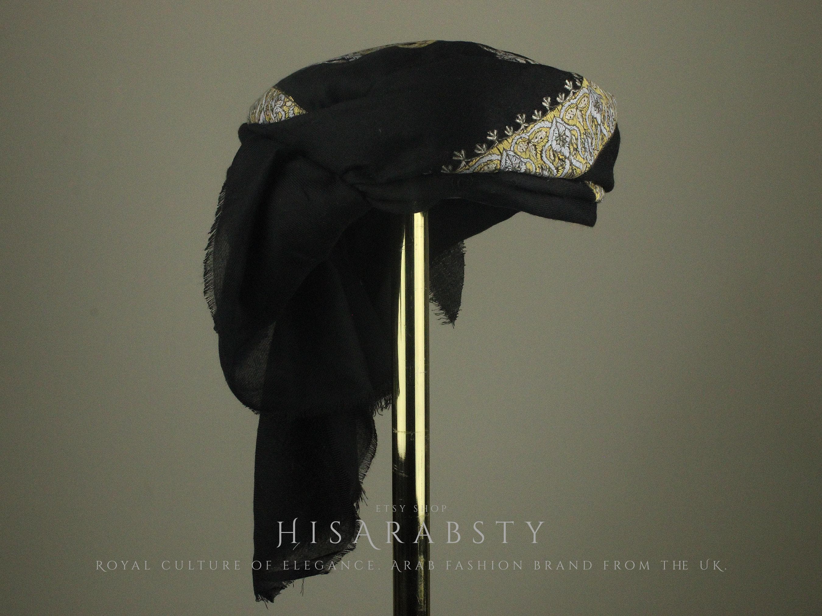 Ready To Wear Black Traditional Yemeni Embroidered Imamah Shemagh Adjustable Perfect For Men & Children Unique Scarf Easy To Wear AB32