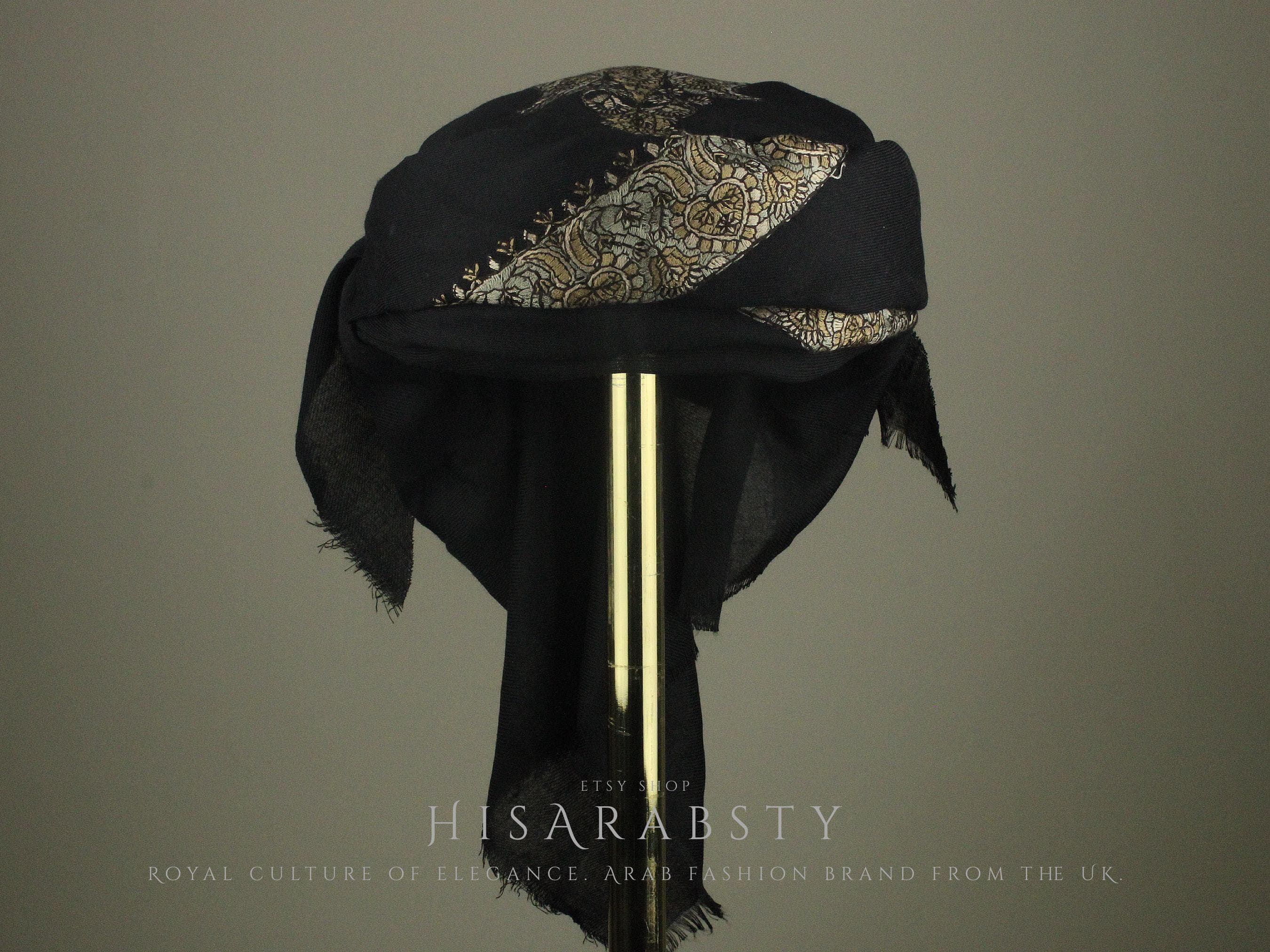 Ready To Wear Black Traditional Yemeni Embroidered Imamah Shemagh Adjustable Perfect For Men & Children Unique Scarf Easy To Wear AB30