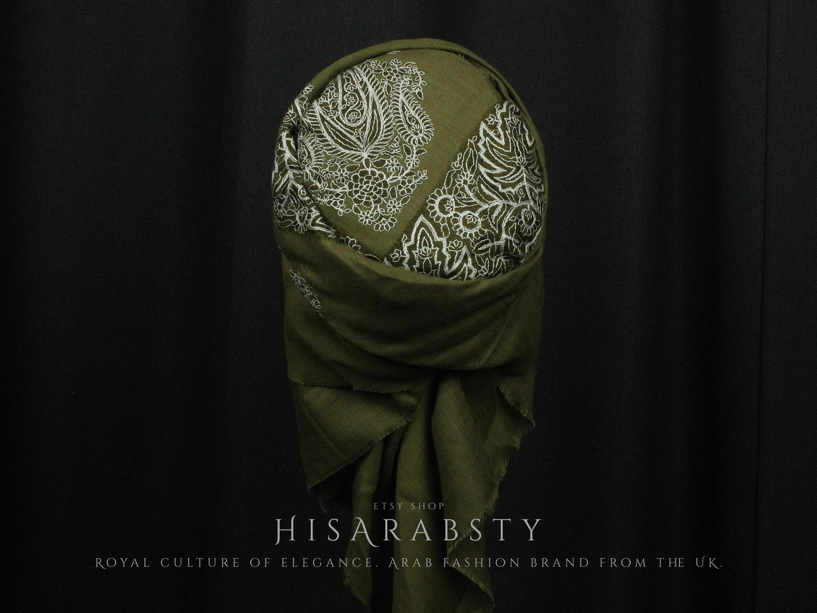 Ready To Wear Olive Traditional Yemeni Embroidered Imamah Shemagh Adjustable Perfect For Men & Children Unique Scarf Easy To Wear AR910 - image 3
