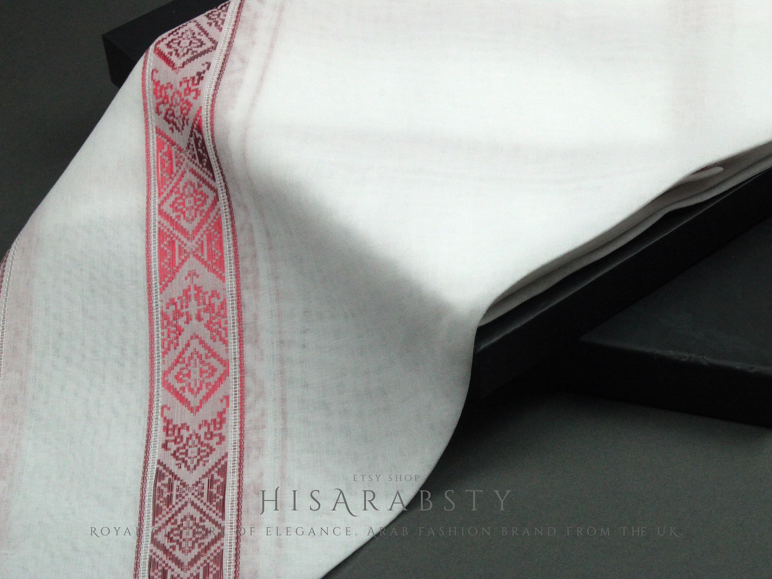 Authentic White and Red Embroidered Premium Emirati Qatari Ghutra Scarf Rare Shemagh Soft Keffiyeh Imamah Voile Yashmagh Fancy Headwear AR32