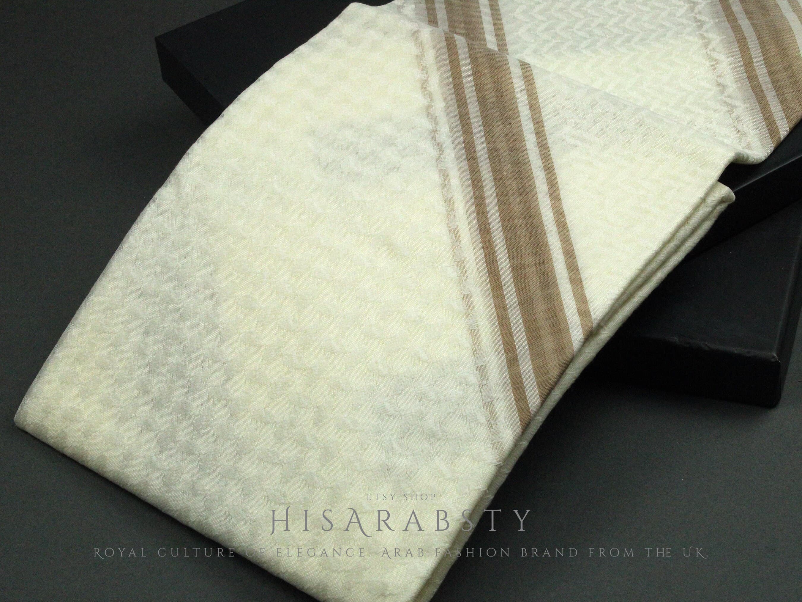 Rare Premium Cream Shemagh With Brown Line Keffiyeh Original Arab Scarf Saudi Arabian Imamah Islamic Arabic Attire Ghutra Outfit Soft AR27 - image 4