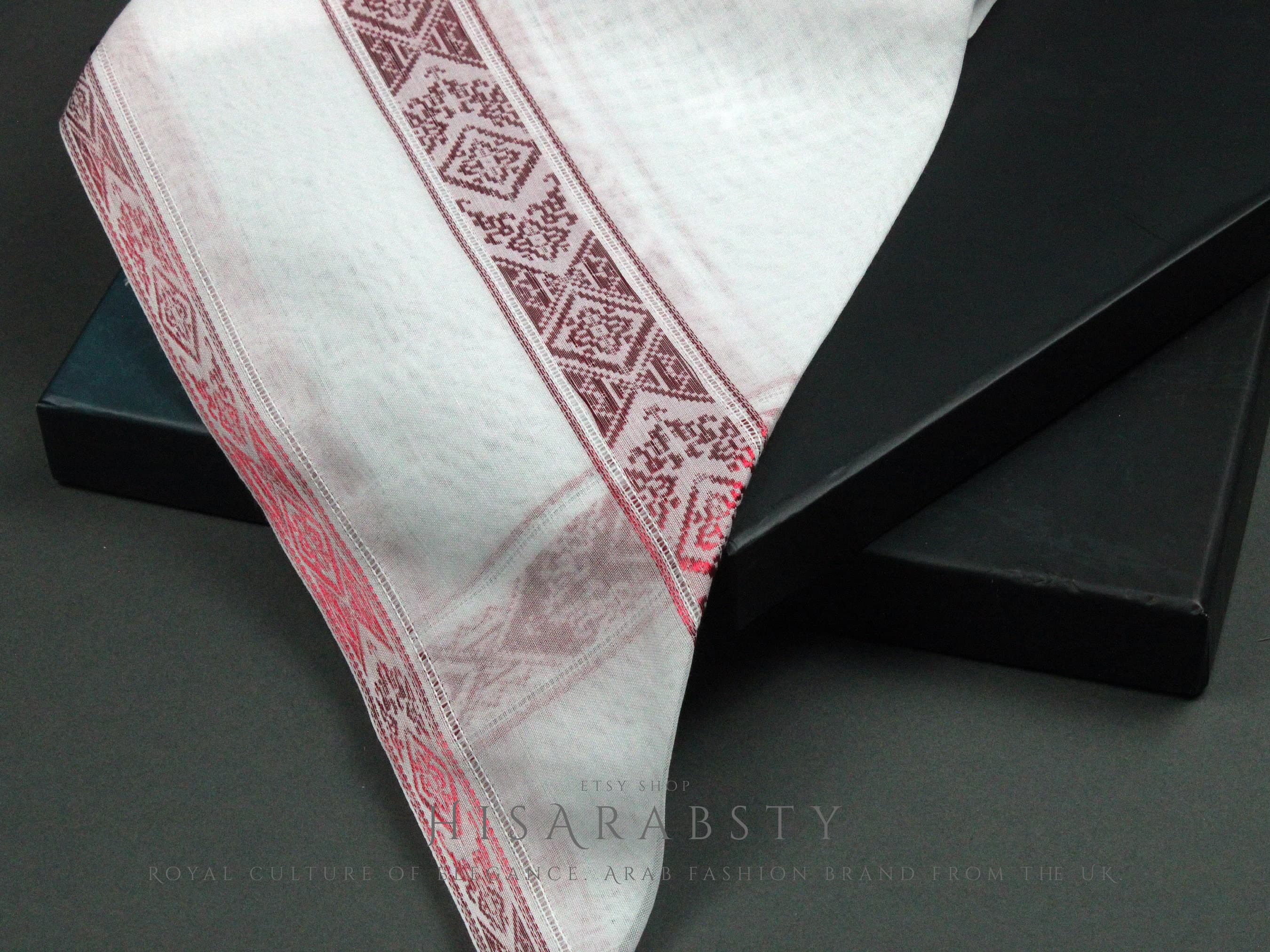 Authentic White and Red Embroidered Premium Emirati Qatari Ghutra Scarf Rare Shemagh Soft Keffiyeh Imamah Voile Yashmagh Fancy Headwear AR32 - image 4