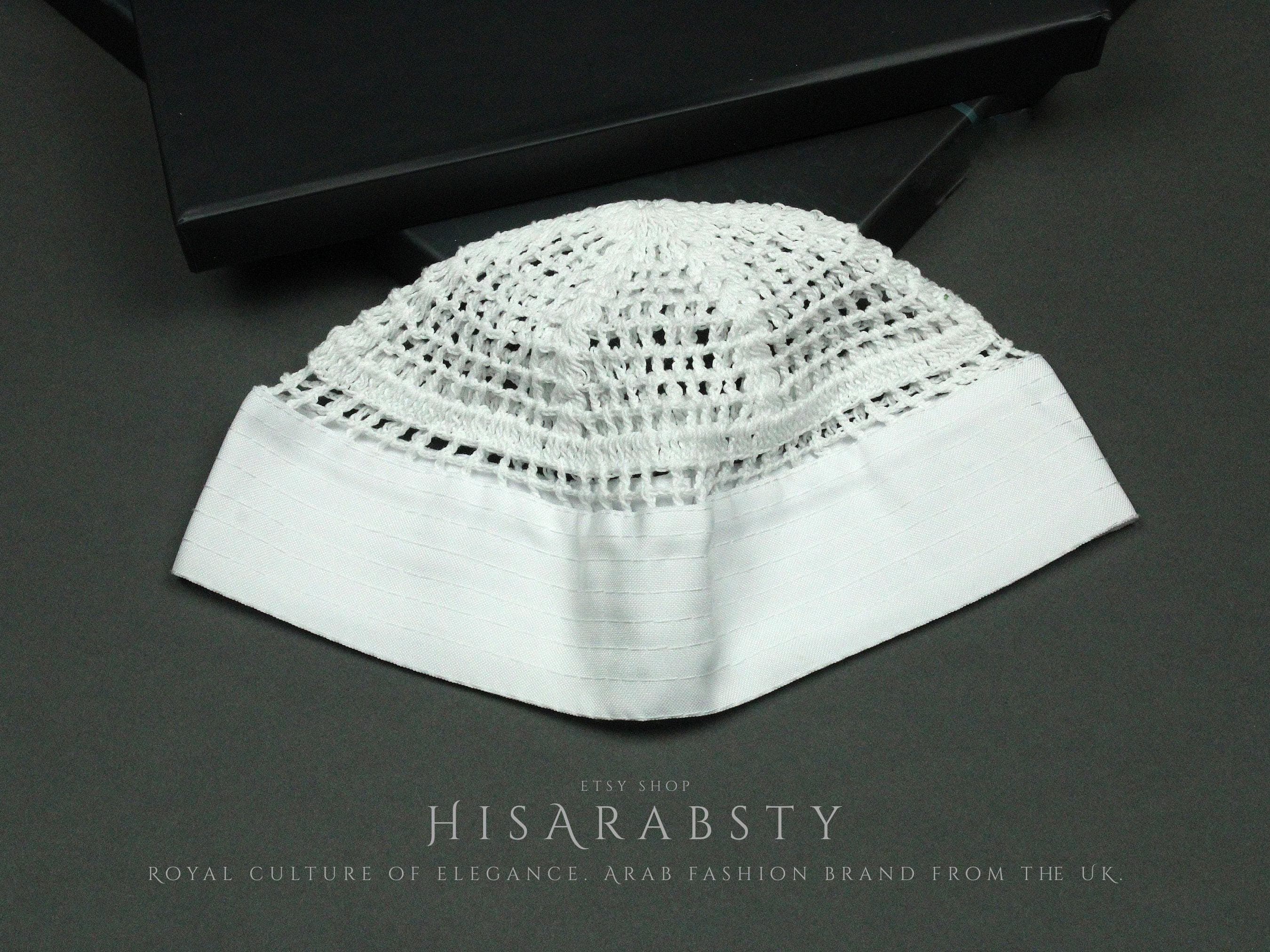 Premium White Kuwaiti Kufi With Border Handmade Hat Khaleeji Arabian Style 100% Cotton Topi Chechia Arabian Headwear KUK1