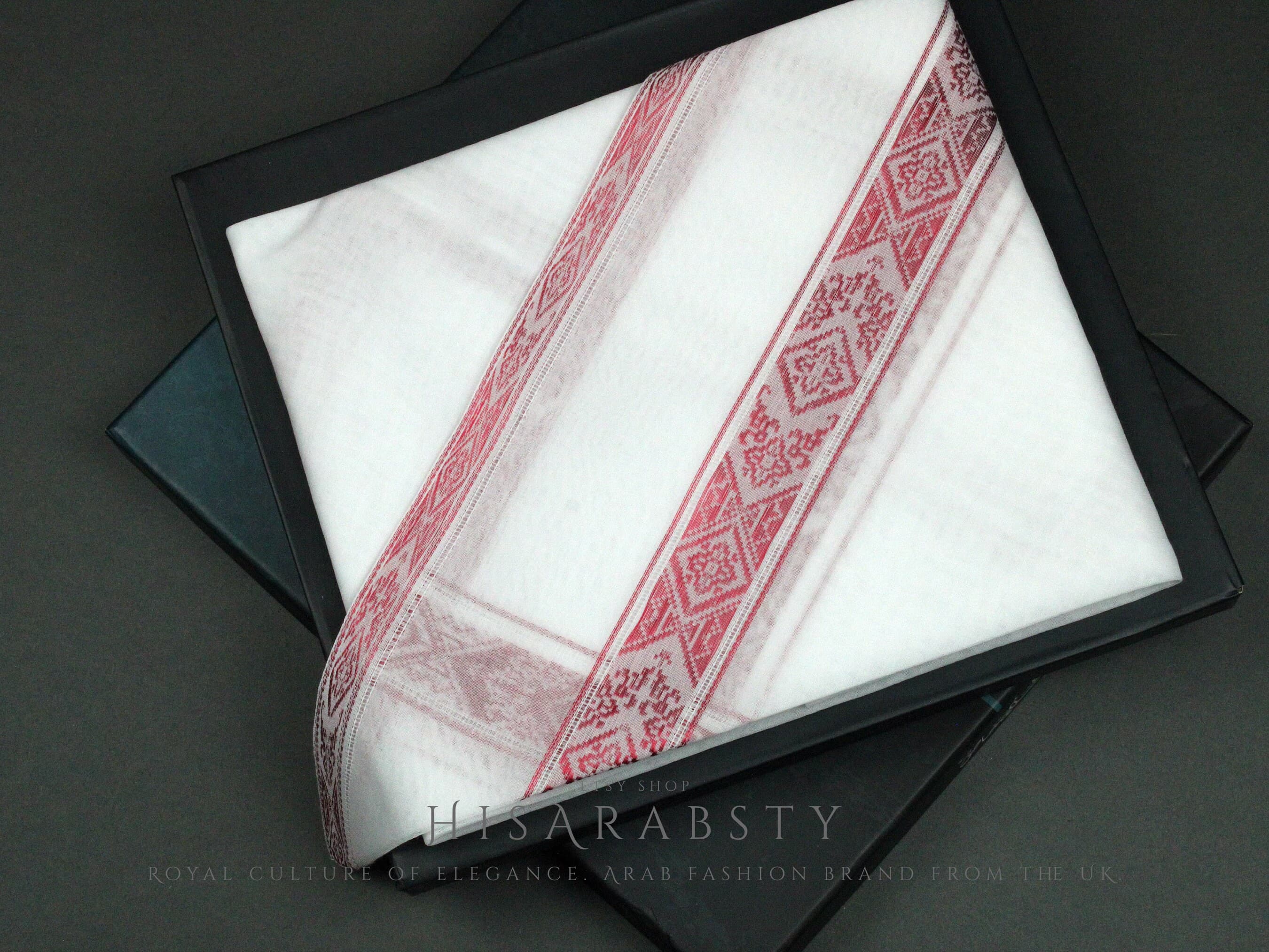 Authentic White and Red Embroidered Premium Emirati Qatari Ghutra Scarf Rare Shemagh Soft Keffiyeh Imamah Voile Yashmagh Fancy Headwear AR32 - image 3