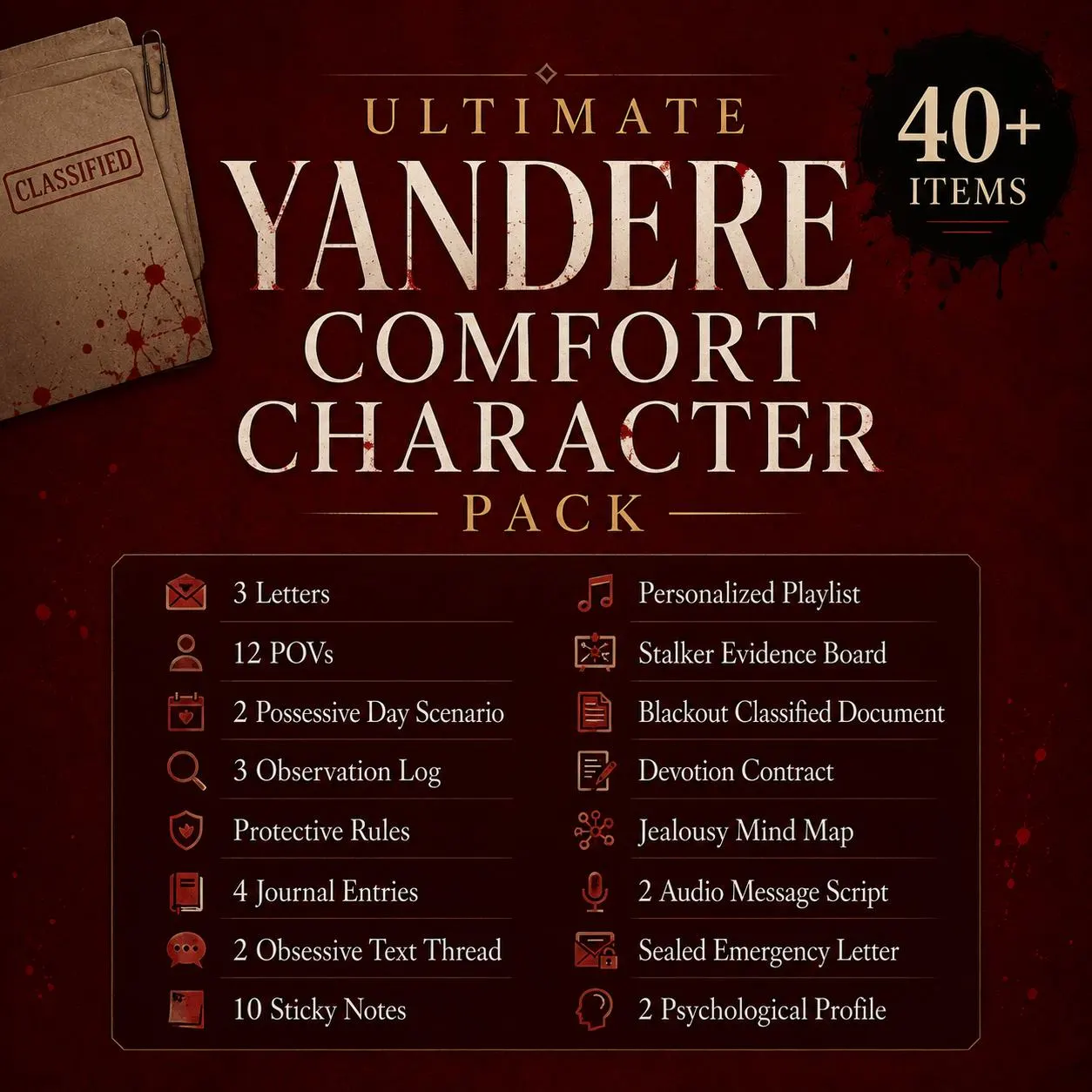 Ultimate Yandere Custom Comfort Character Package  Obsessive Devotion Dark Romance Gift, Personalized Anime Journal Playlist Digital PDF