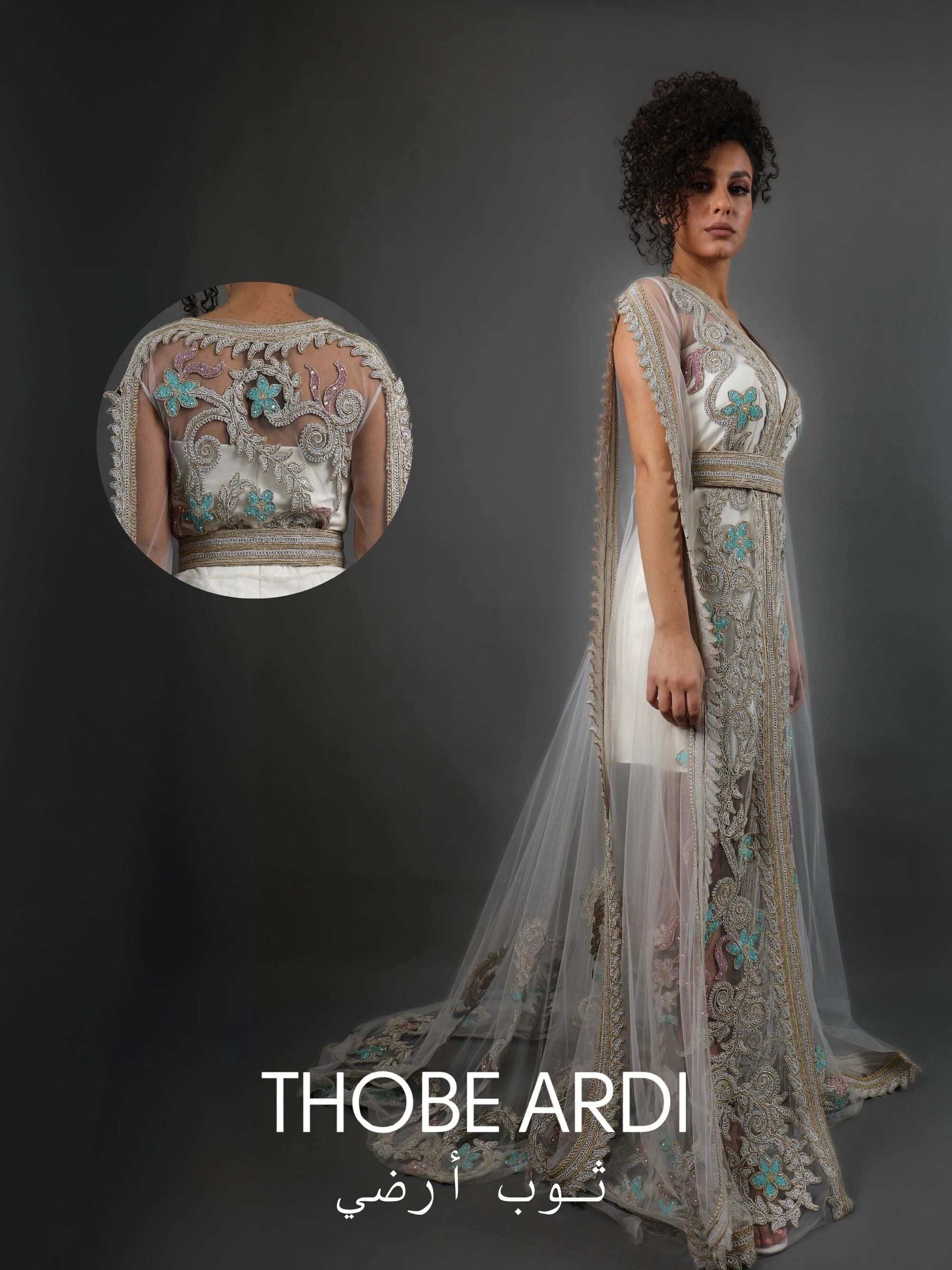 White Floral Embroidered Tulle Layered Kaftan | Women Bridal Caftan | Henna Night | Bindalli | Tulle Moroccan Women Dress | Arabic Wedding