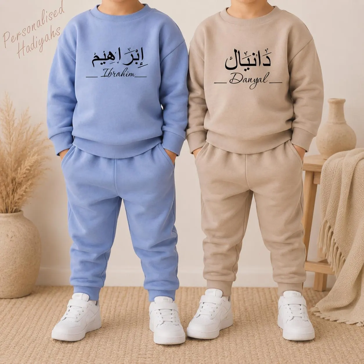 Personalised Tracksuit For Toddlers Babies Babys Children Kids Without Hood With Joggers Top Arabic Calligraphy Name & English Eid Newborn