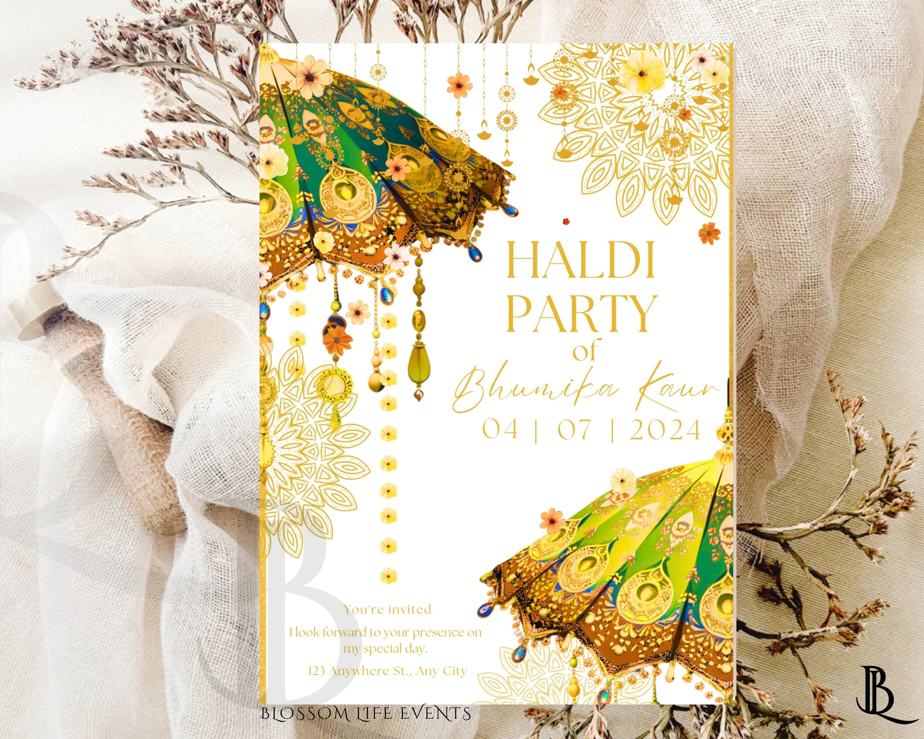Haldi Holud Gaye Haldhi Invite Invitation  Printable Umbrealla indian invite Orange and Yellow