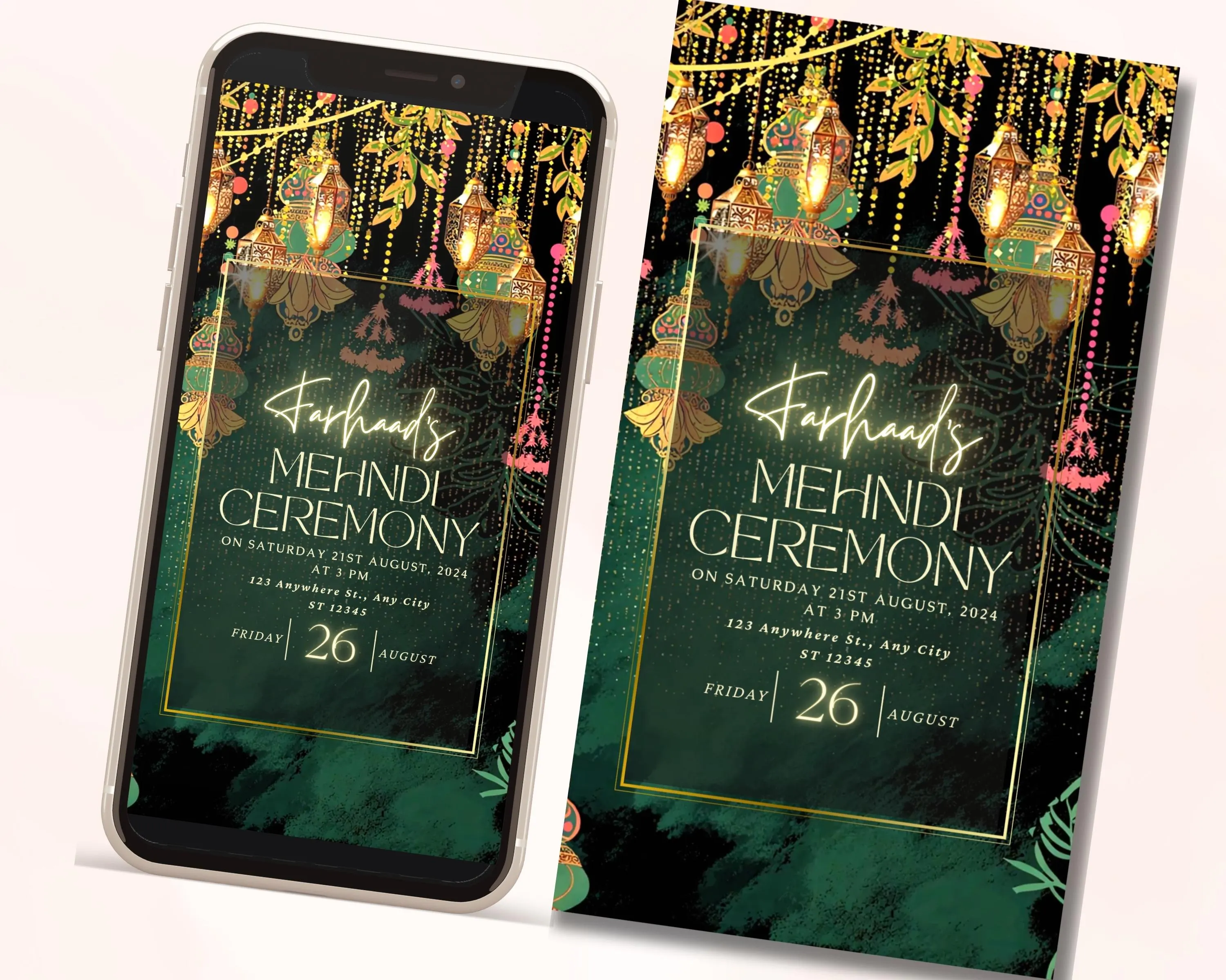 Elegant animated digital Groom Mehndi invitation in rich green tones, perfect for Mehndi ki Raat celebrations. This editable boys' Mehndi night evite features  traditional designs, festive elements, and a modern touch for a unique wedding event.