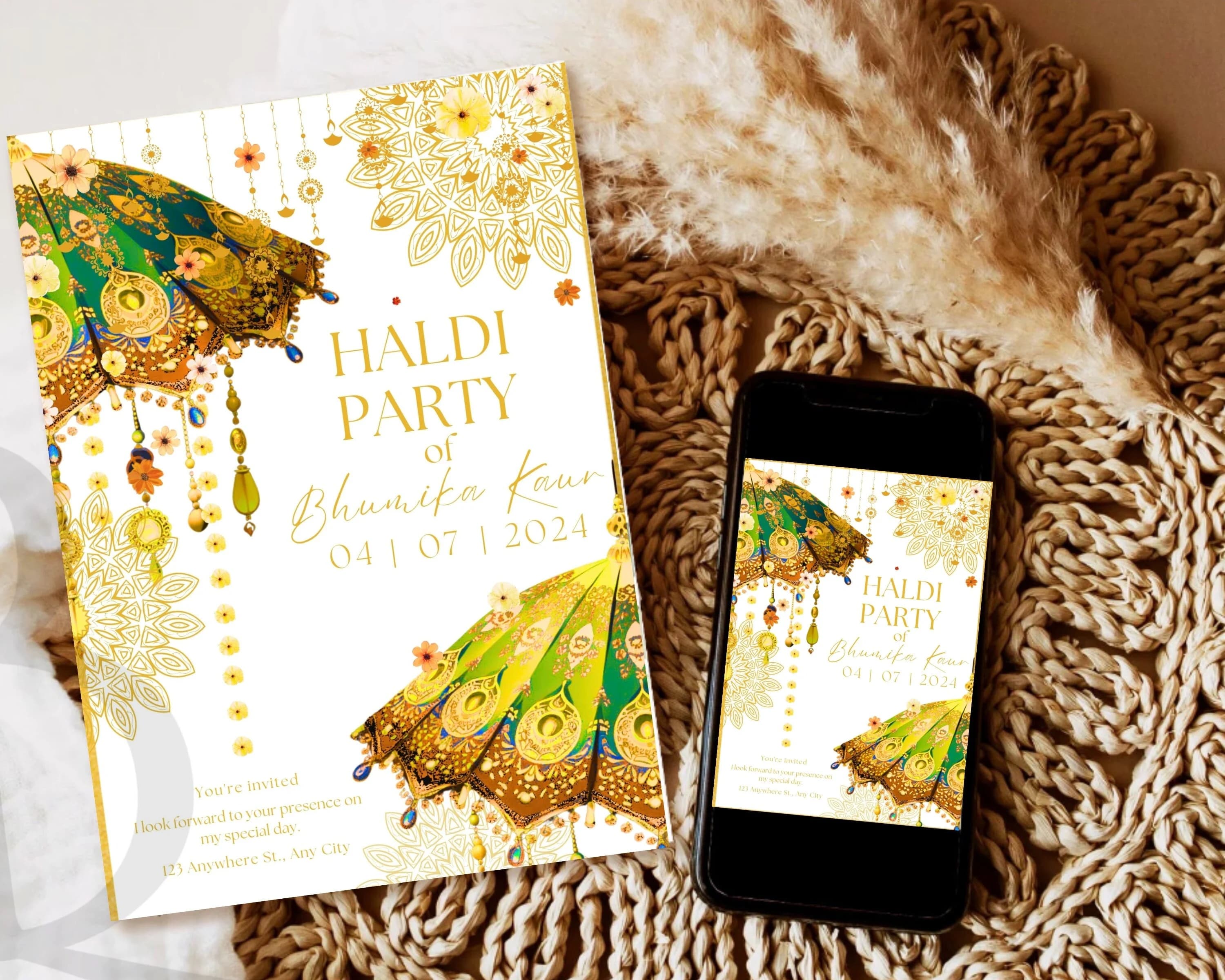 Haldi invitation Card Canva Template | Floral Haldhi invitation | for Hindus Muslims Mandvo | Editable | Indian Gaye Holoud gift for bride