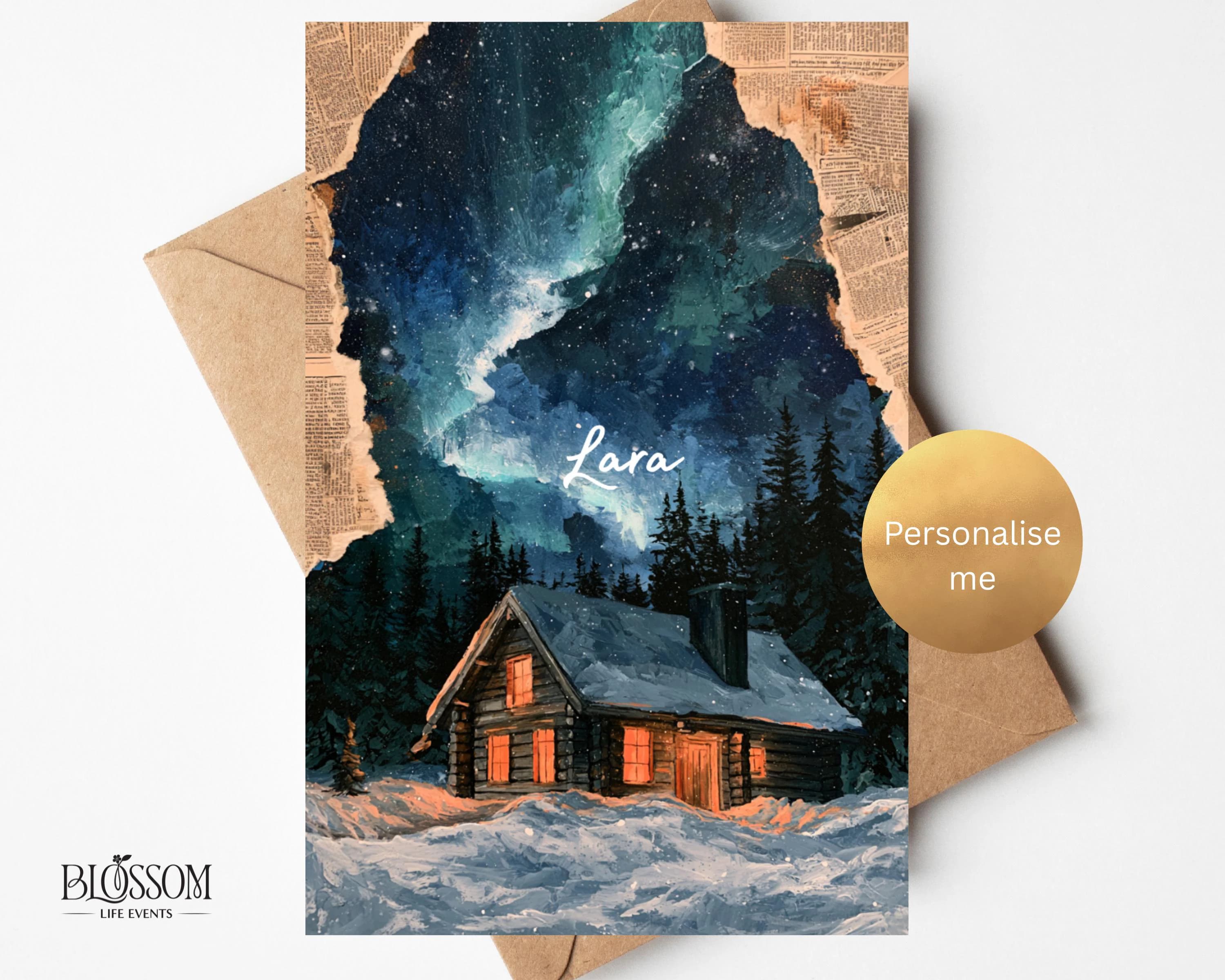 Lapland Christmas Card | Finland Snowy Winter Wonderland Xmas Card |Northern lights Magical Greeting for Family Friends Travel Lovers