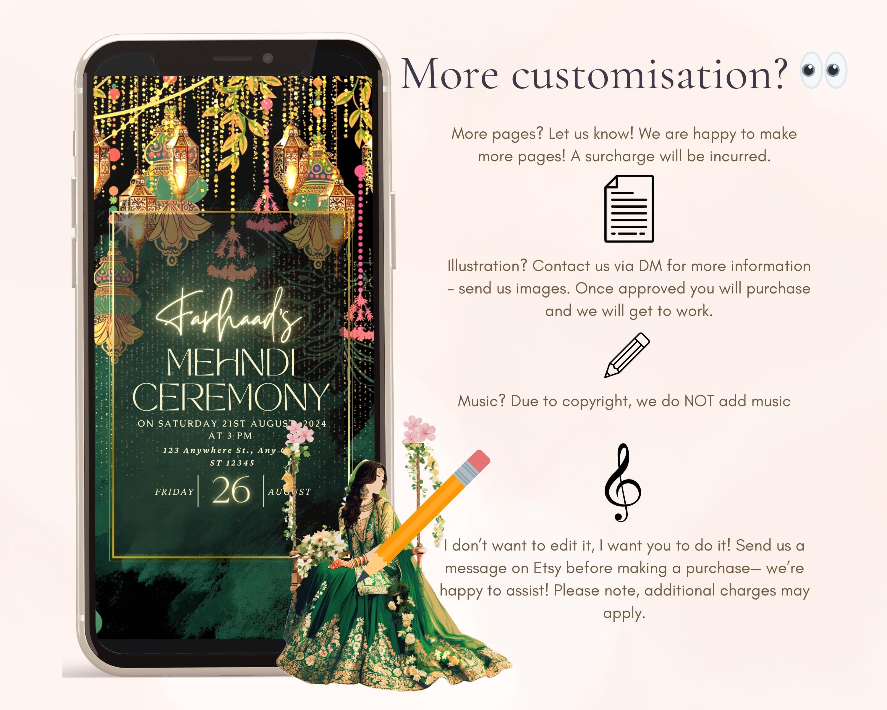 Elegant animated digital Groom Mehndi invitation in rich green tones, perfect for Mehndi ki Raat celebrations. This editable boys' Mehndi night evite features  traditional designs, festive elements, and a modern touch for a unique wedding event.