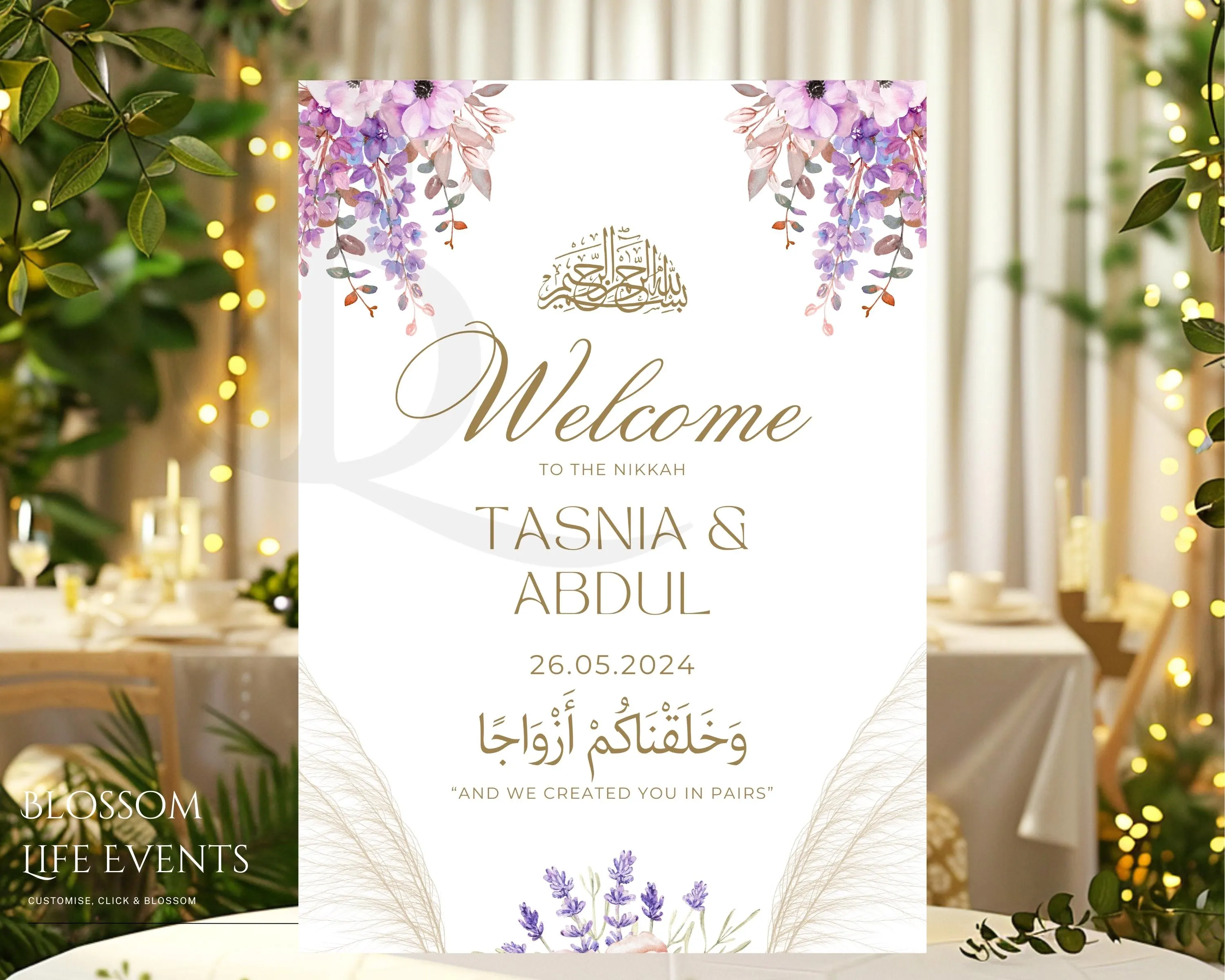 Floral Nikkah Sign | purple and gold Beautiful Nikkah signboard for Muslim Wedding Reception purple wisteria signboard for katb kitab