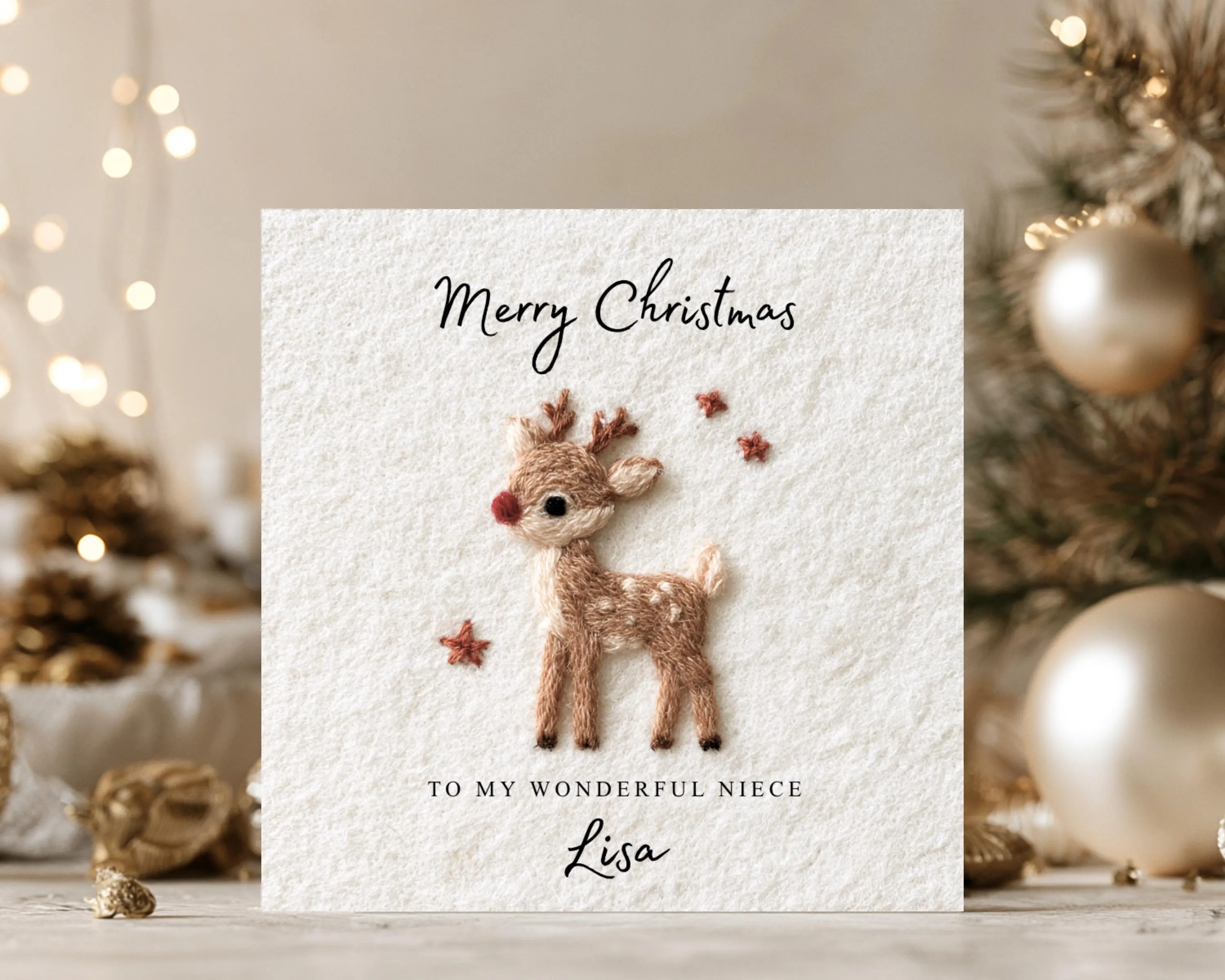 Cute Xmas Card for Niece, Daughter, Goddaughter - Personalised - Festive Cute Christmas Reindeer