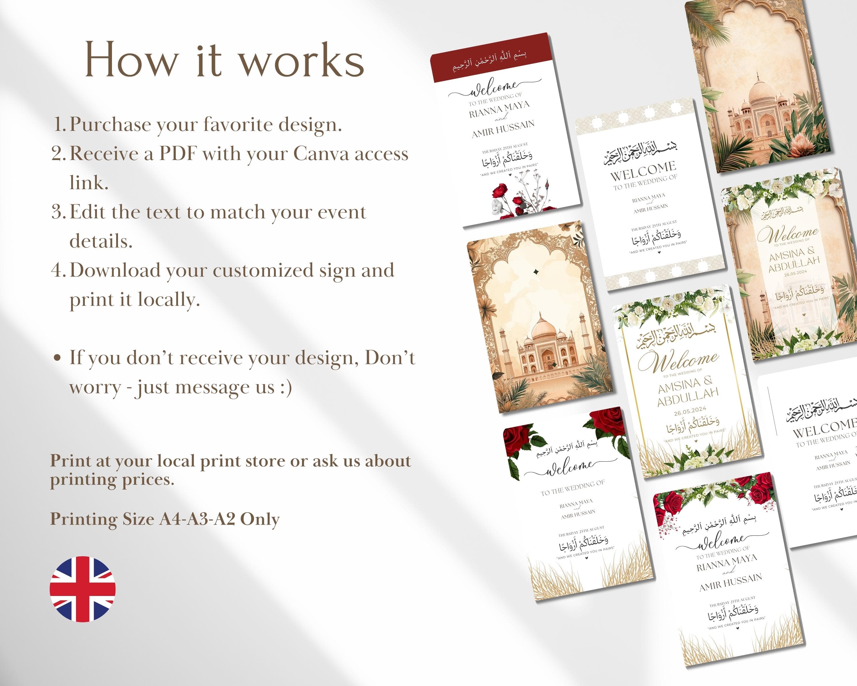 A beautiful gold and white Walimah digital sign featuring elegant floral accents, perfect for Muslim wedding decor, Nikkah, or reception events. Editable text via Canva allows full customization to match your theme.