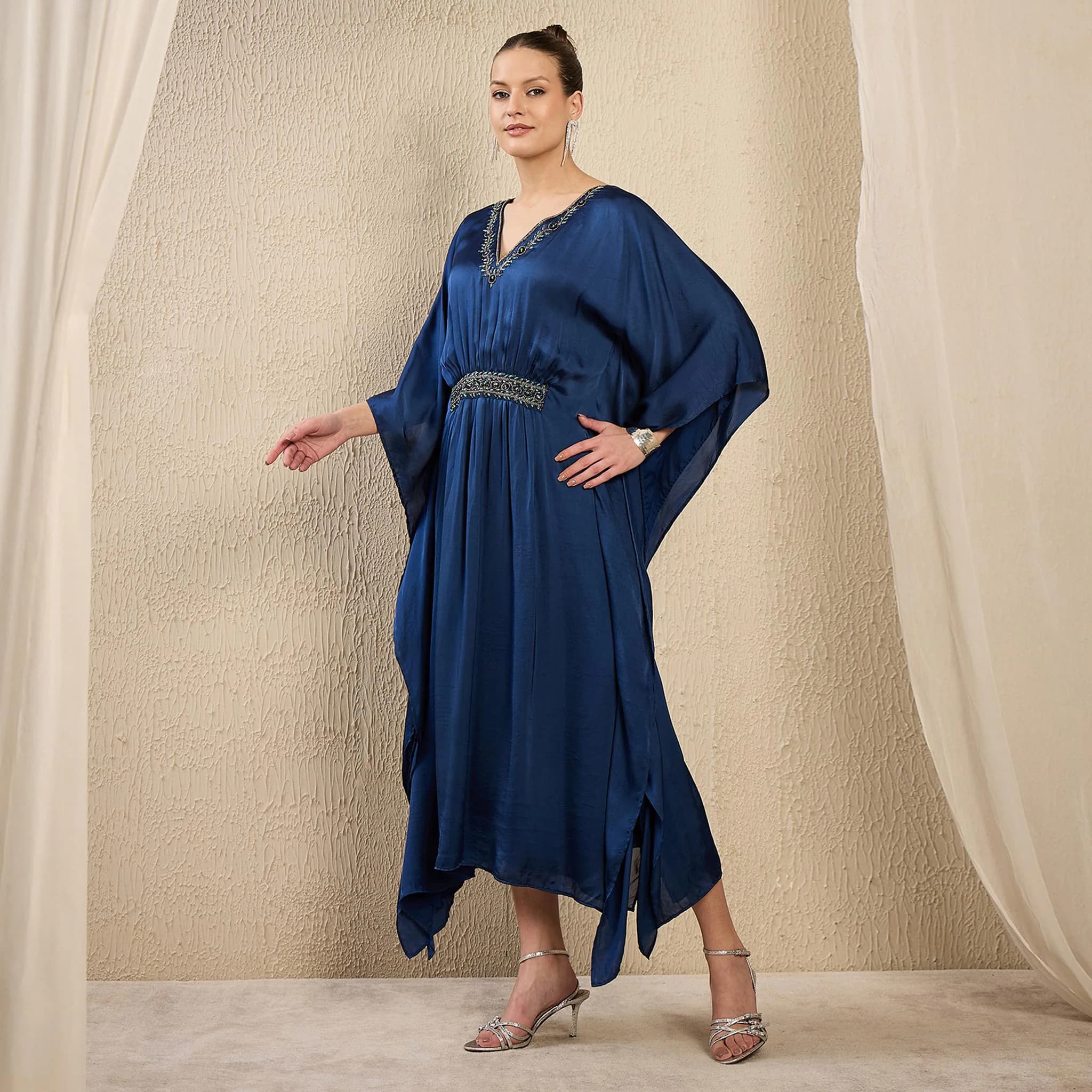 Navy Blue Satin Kaftan, Hand Embroidered Neckline, Mid Length - image 2