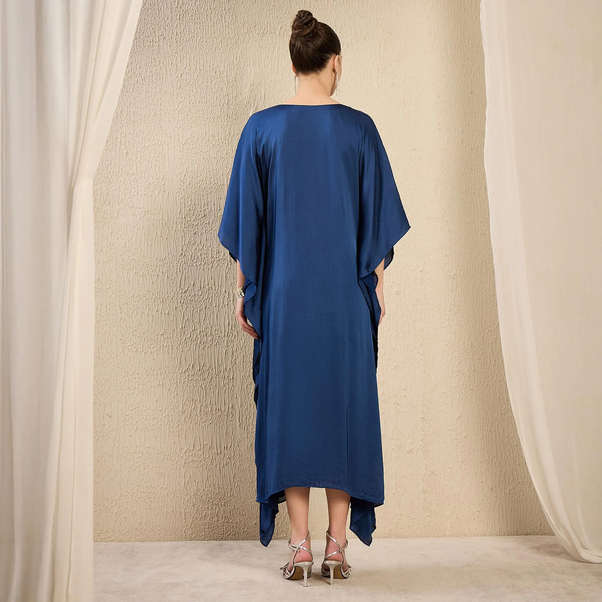 Navy Blue Satin Kaftan, Hand Embroidered Neckline, Mid Length - image 3