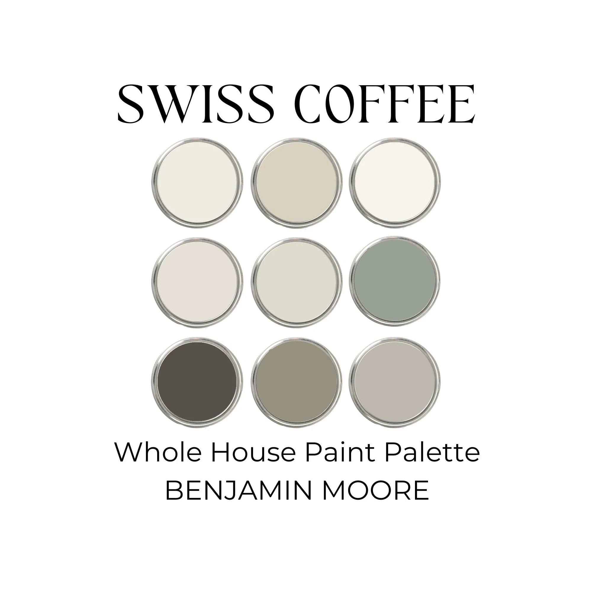 Swiss Coffee Benjamin Moore, Neutral Paint Colors, Whole House Color Scheme, Creamy White Kitchen Cabinets, Earthy Paint Palette, OC-45