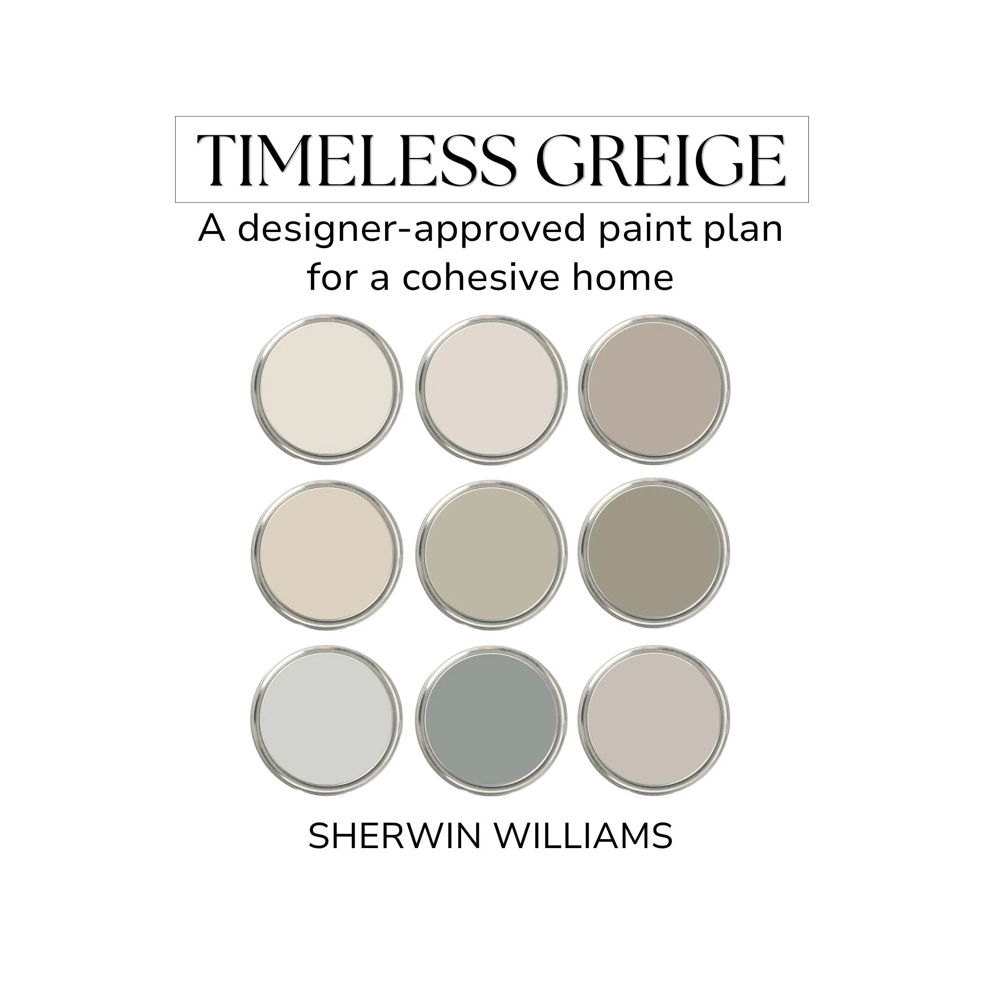 Sherwin Williams Greige Color Palette, Timeless Paint Colors, Warm Neutral Wall Colors, Interior Color Palette, Sherwin Williams Shoji White
