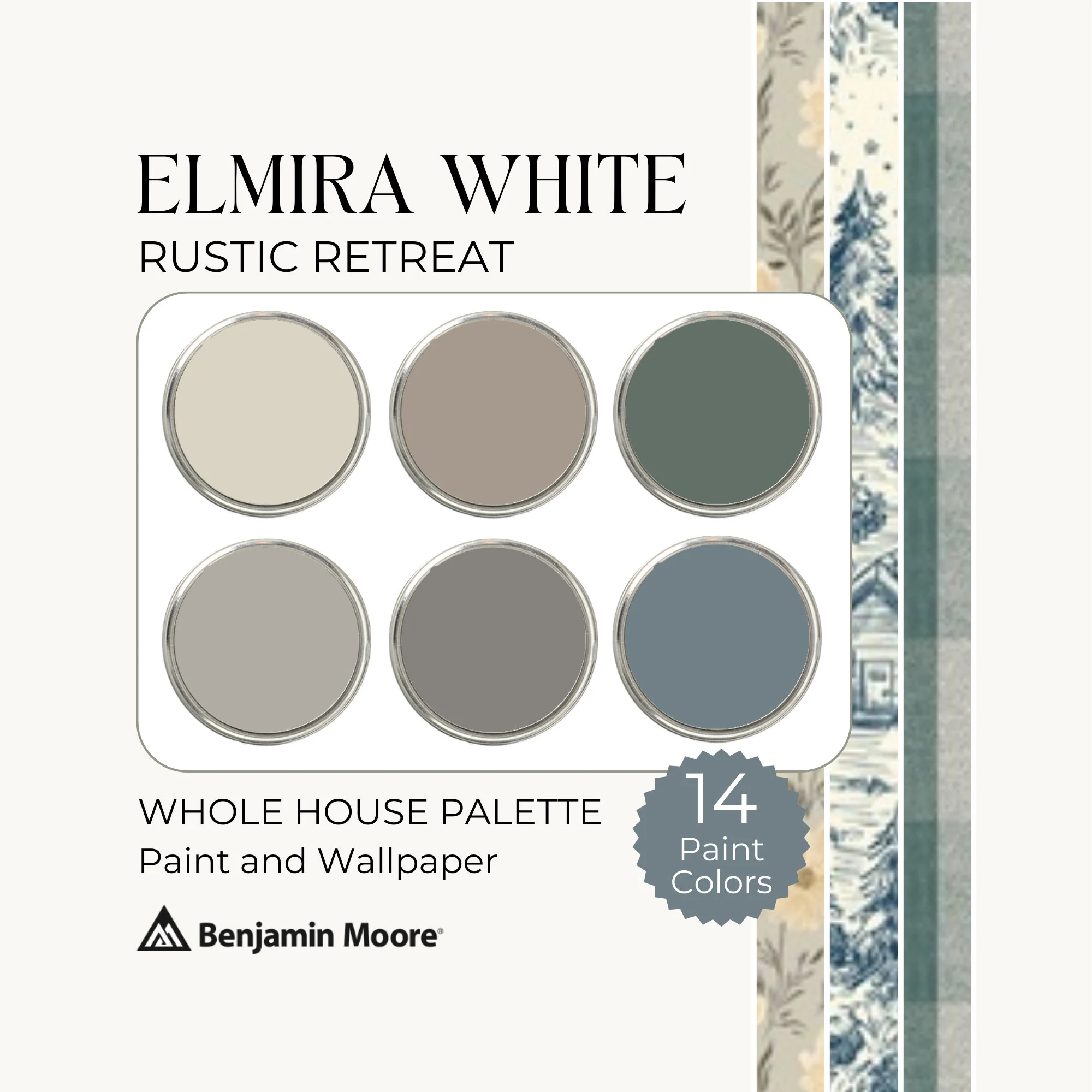 Benjamin Moore Elmira White, Cabin Paint Colors, Earthy Color Palette, Wallpaper and Paint, Whole House Color Palette, Warm Paint Colors