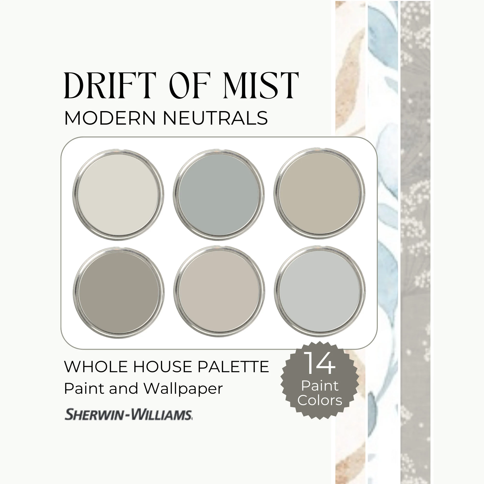 Sherwin Williams Drift of Mist Paint Palette, Sherwin Williams Greige Color Palette, Interior Paint Scheme, Coordinating Colors