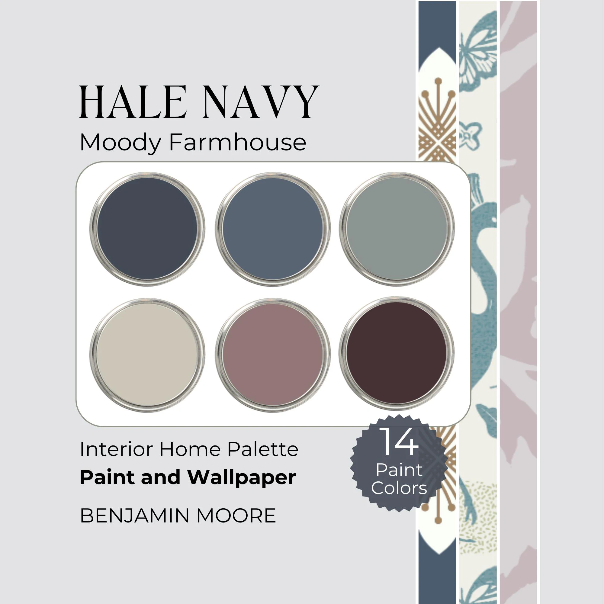Benjamin Moore Hale Navy Palette, Hale Navy Color Palette, Modern Farmhouse Paint Palette, Moody Interior Paint, Paint and Wallpaper Palette