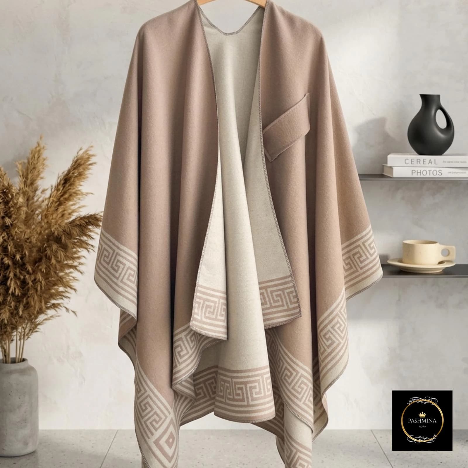 Cozy cape shawl styled for a cool outdoor afternoon.