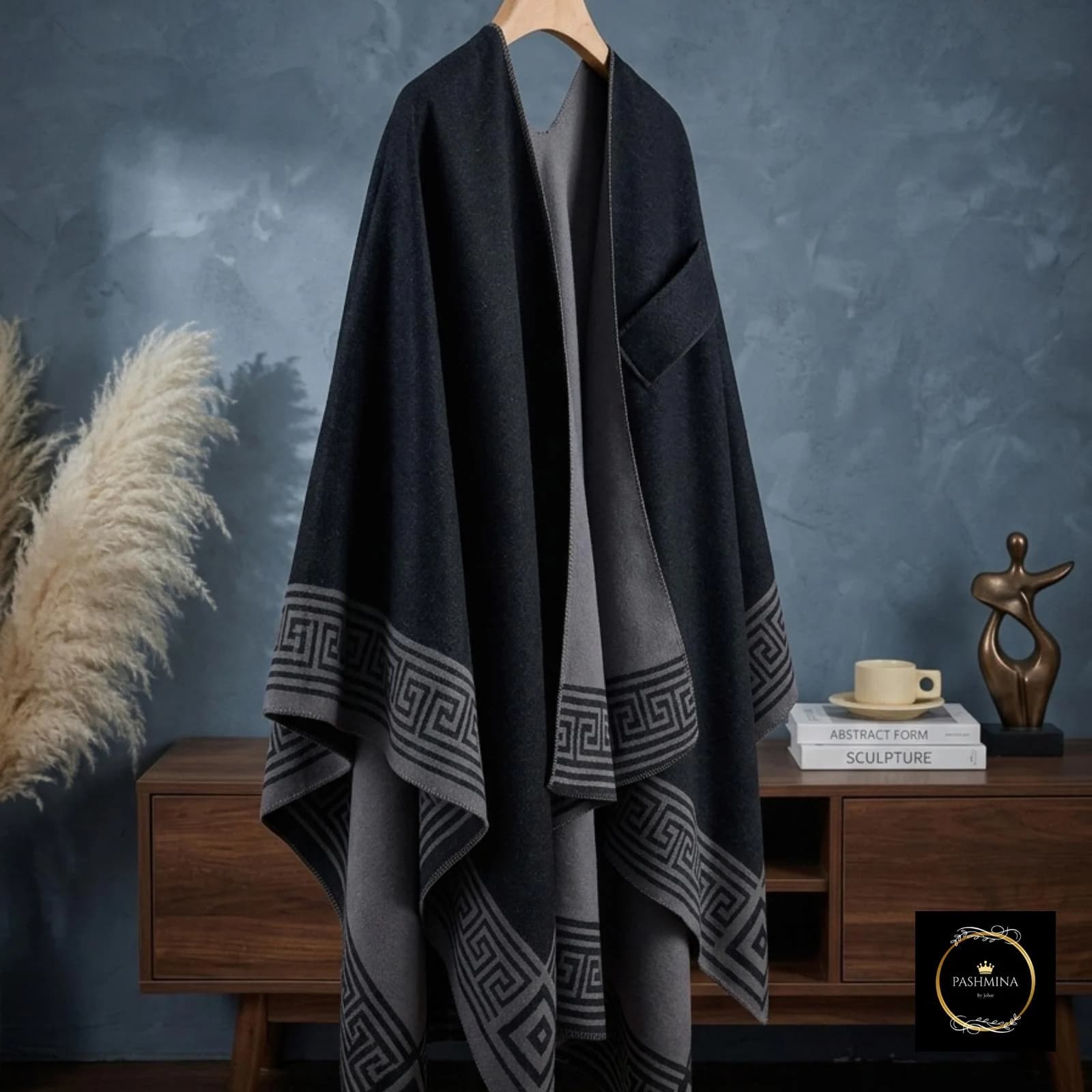 Vintage Greek Key Pattern Cape Wrap – Cozy Unisex Poncho Shawl