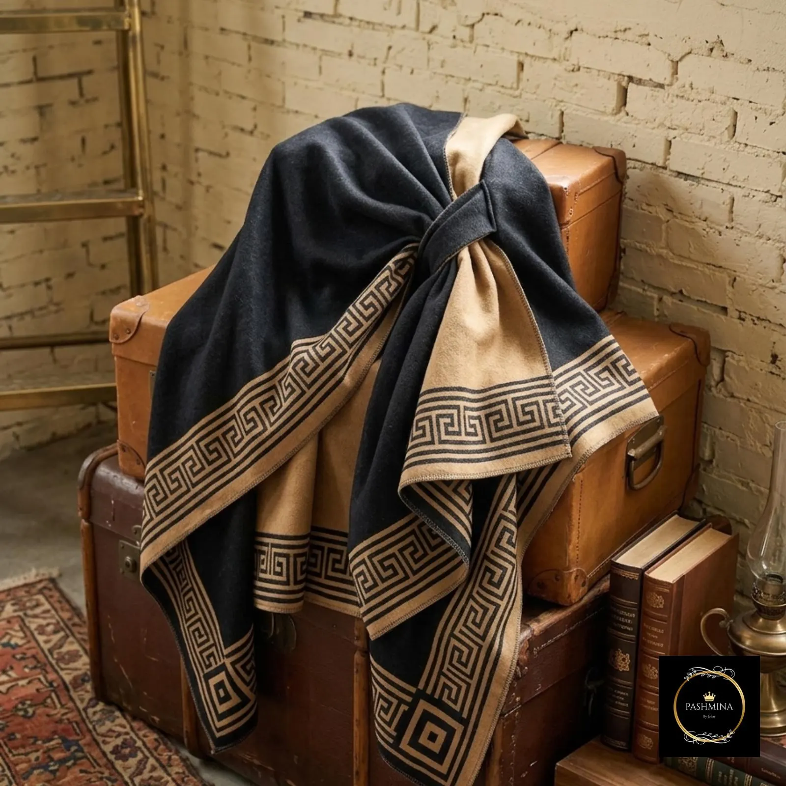 Close-up of the geometric Greek key pattern and soft texture.