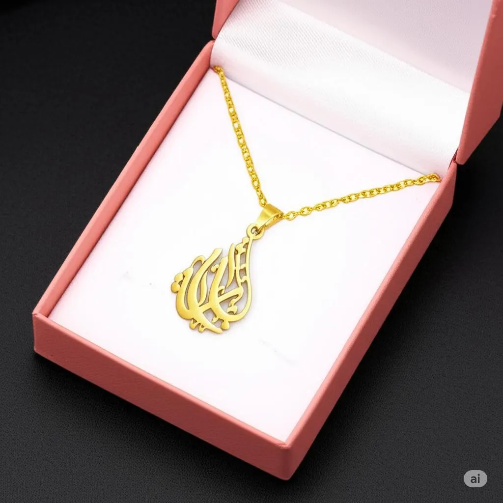 Gold Allah Pendant Necklace: Islamic Arabic Calligraphy Jewelry