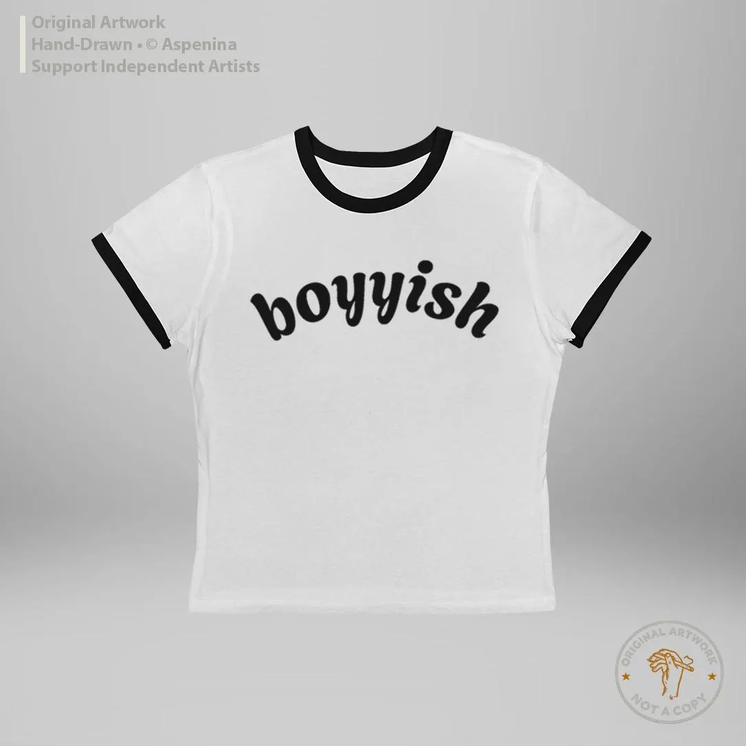 boyyish tee | Women's Ringer Tee, retro script, black and white - image 5
