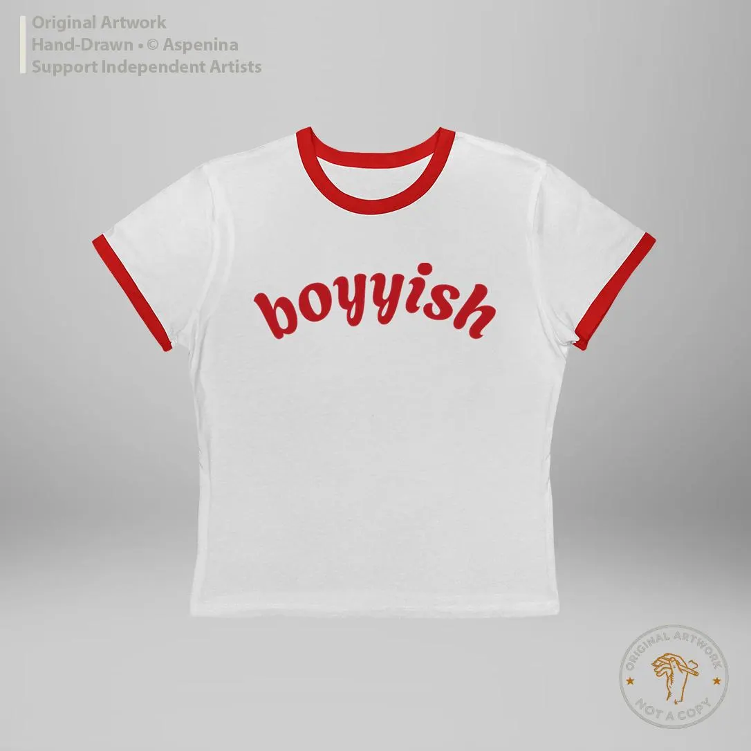 boyyish tee | Women's Ringer Tee, retro script, black and white - image 3