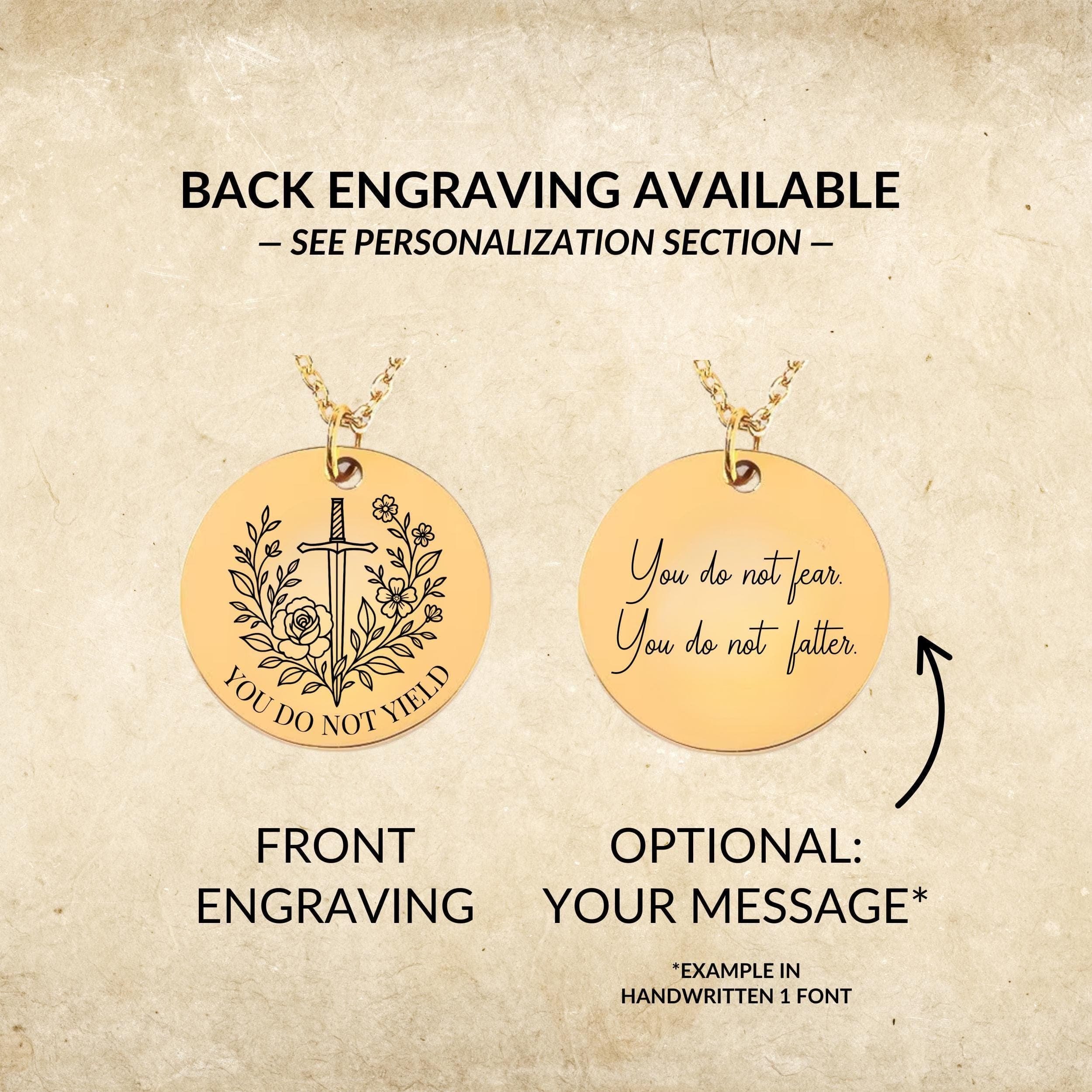 You Do Not Yield Necklace: Sword & Floral Romantasy Pendant - image 5