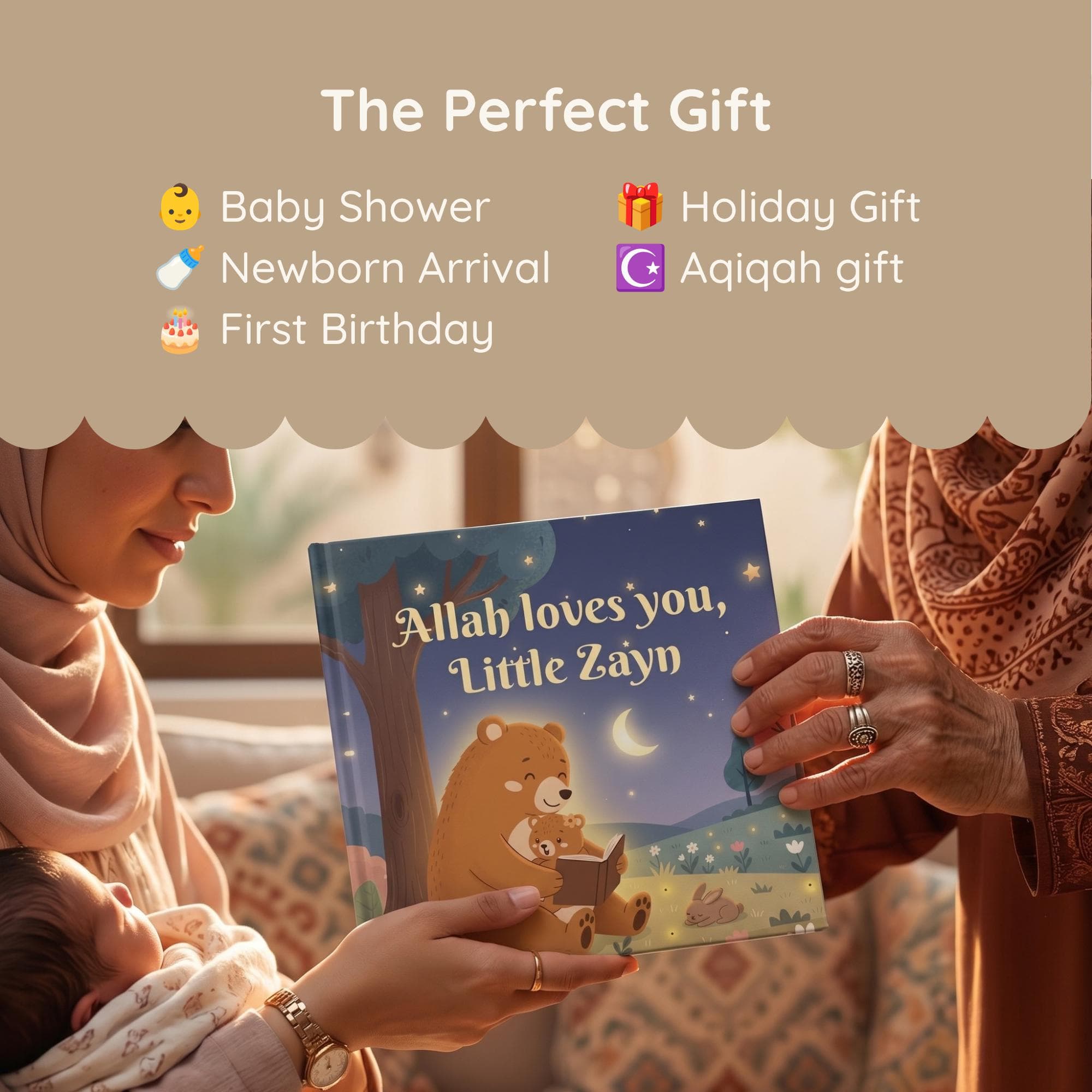 Two hands present the personalized Muslim baby book as a cozy gift, soft living room light, ideal Muslim toddler gift or keepsake.