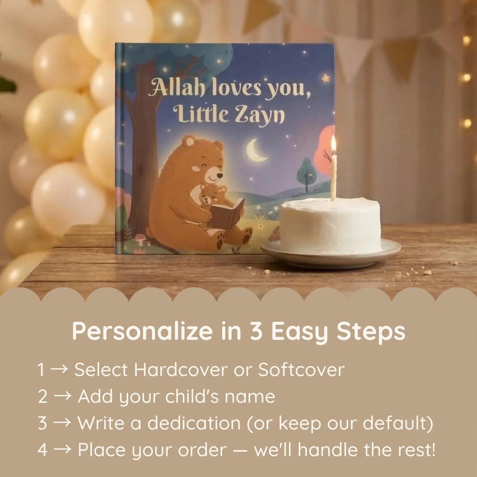 Hardcover personalized Muslim baby book upright on wooden table next to a candle, soft golden lighting, personalization steps overlay.