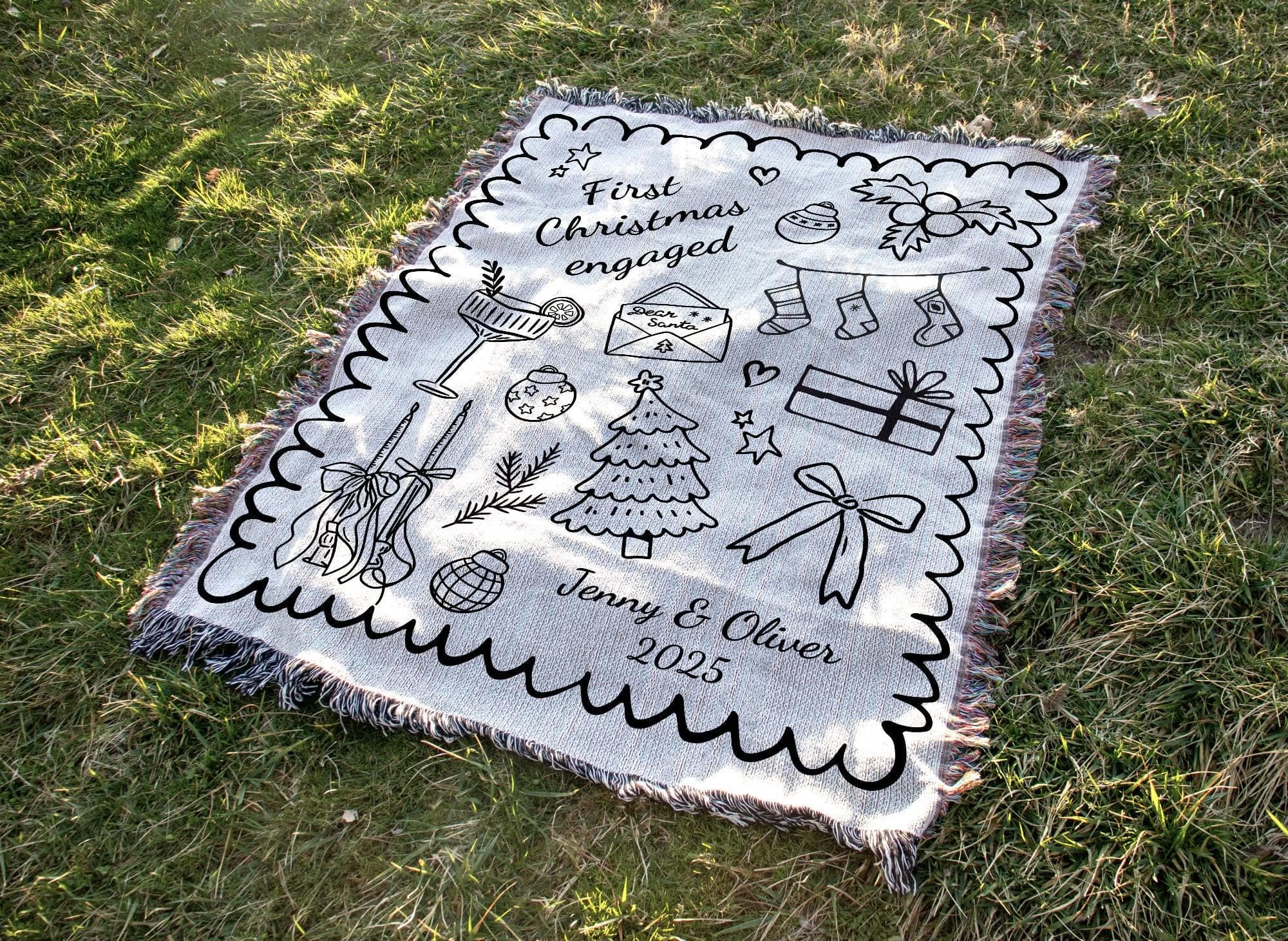 Personalized Engagement Our First Christmas Blanket: Woven Cotton Throw with Custom Stamp - image 5